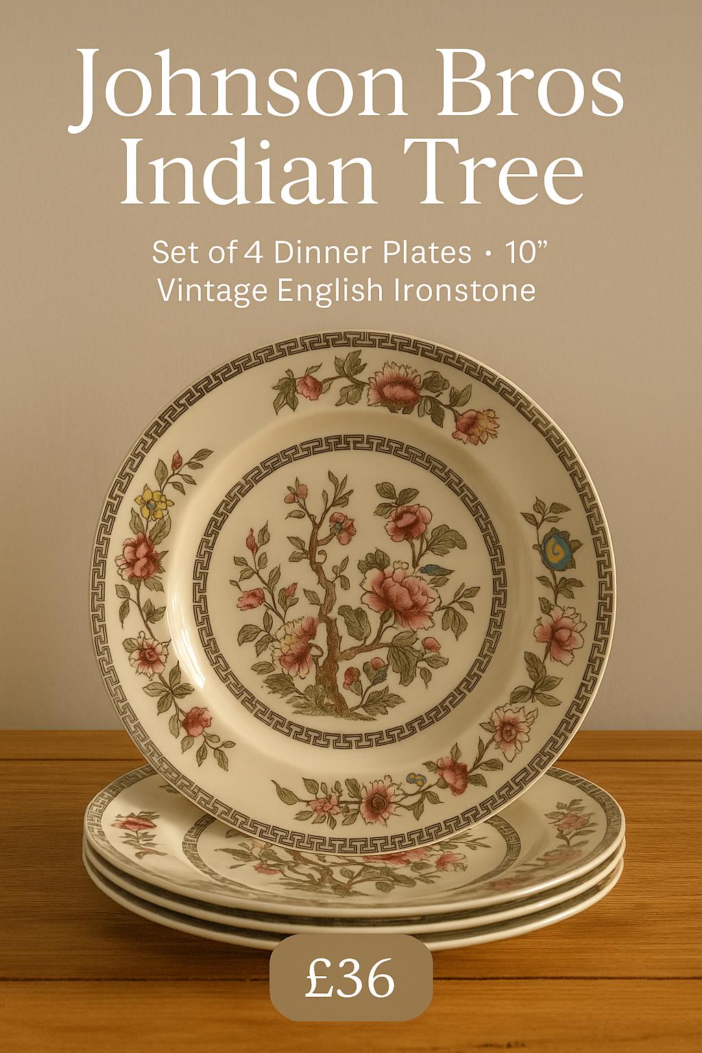 Johnson Bros Indian Tree Dinner Plates — Set of 4 Vintage English Ironstone (10” Standard Rim)