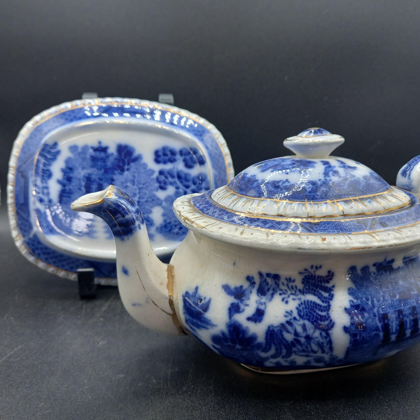 Early 19th Century English Ironstone Teapot — Blue & White Chinoiserie with Rare Underplate (c.1820–1850)