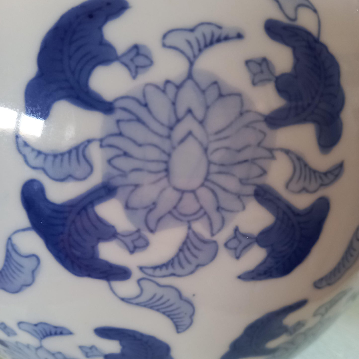 Large Vintage Blue & White Ginger Jar with Lid – Chinoiserie Floral Ceramic, Mid-Century
