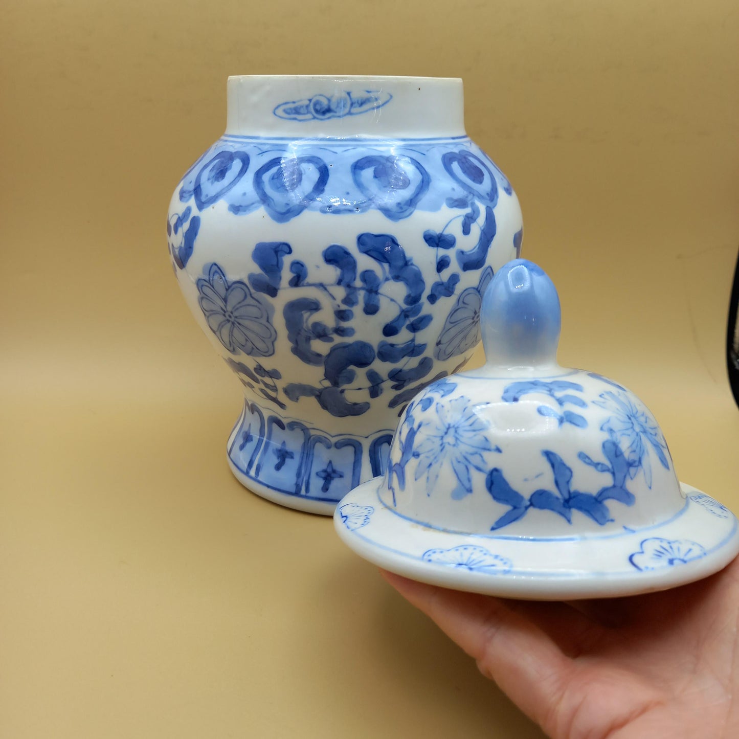 Large 11" Blue and White Ginger Jar | Hand-Painted Chinoiserie | Cobalt Variance & Iron Spots | Finial Lid | FREE POSTAGE