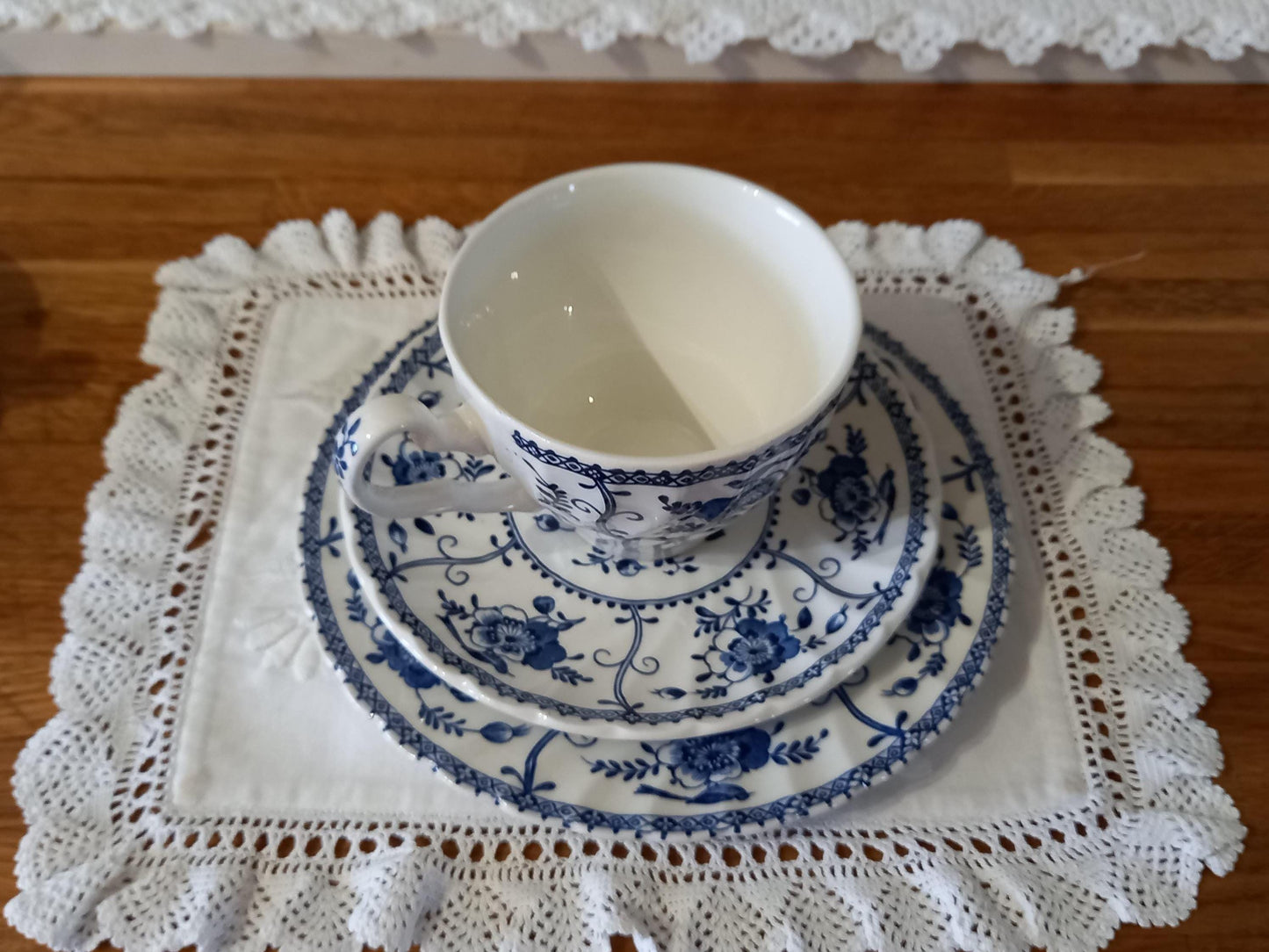Johnson Bros "Indies" Blue & White Tea Trios — Pair of Vintage English Ironstone Sets (1970s–80s)
