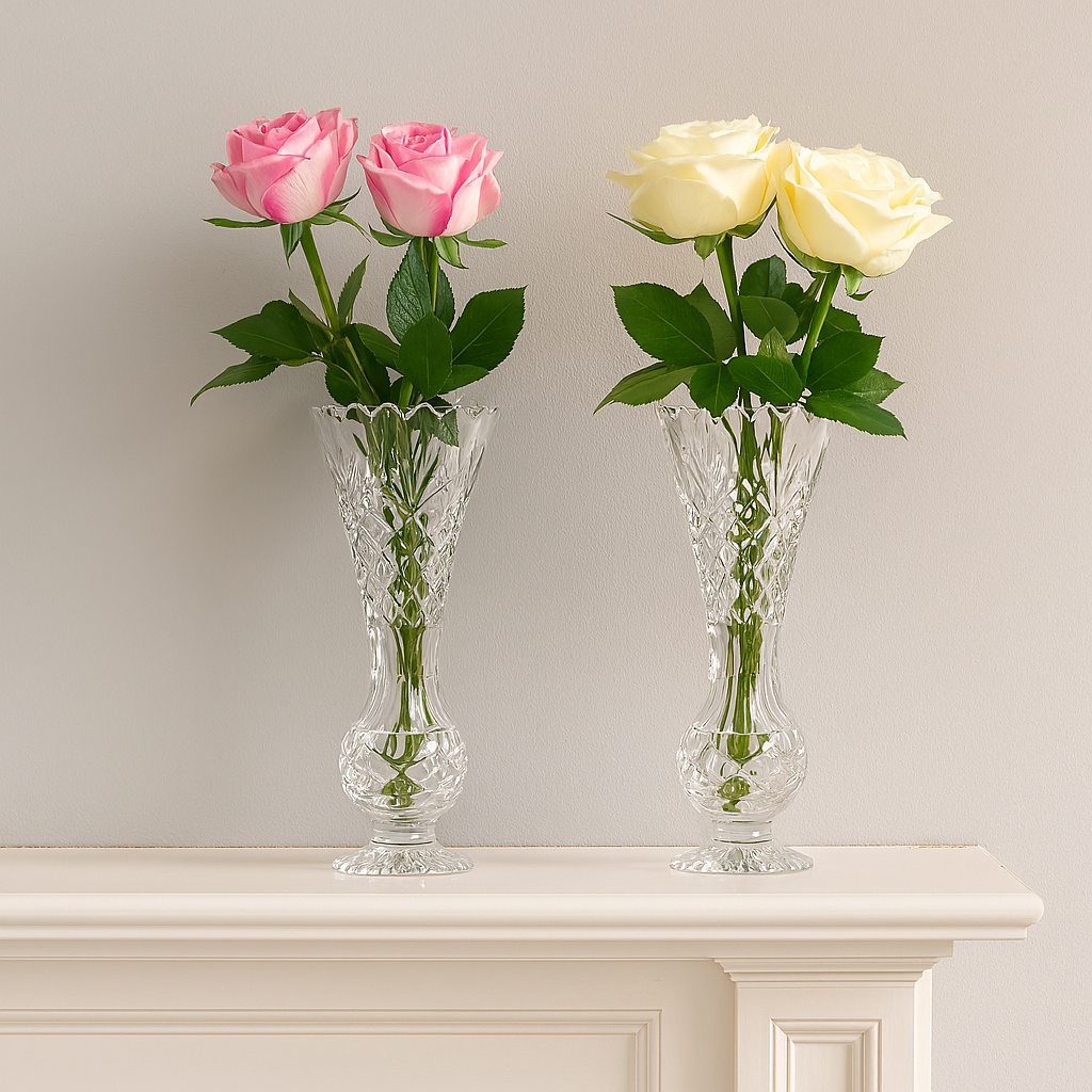 Pair of vintage lead crystal bud vases with trellis and fan cut design, scalloped crown-style rims, and pedestal foot bases, displayed on a mantle with soft natural light highlighting the sparkling clear crystal