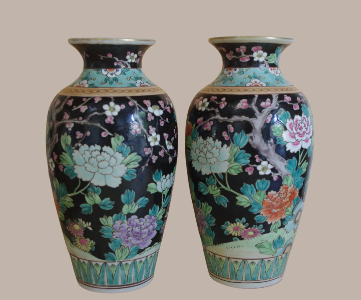 Pair of Mid-Century Japanese Kutani Enamel Vases – Black Ground with Peony & Bird Design