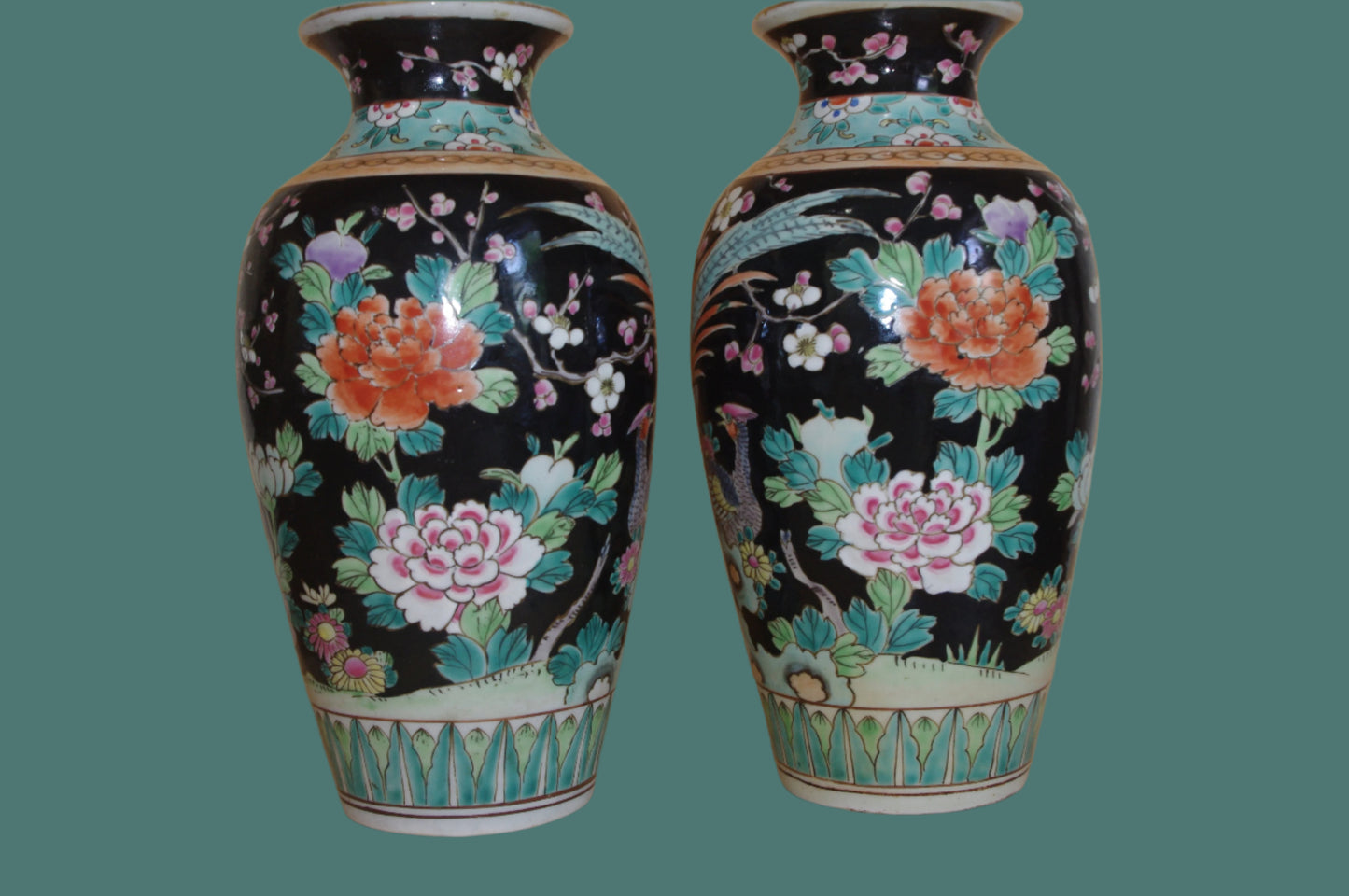 Pair of Mid-Century Japanese Kutani Enamel Vases – Black Ground with Peony & Bird Design