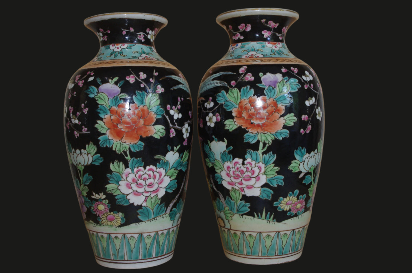 Pair of Mid-Century Japanese Kutani Enamel Vases – Black Ground with Peony & Bird Design