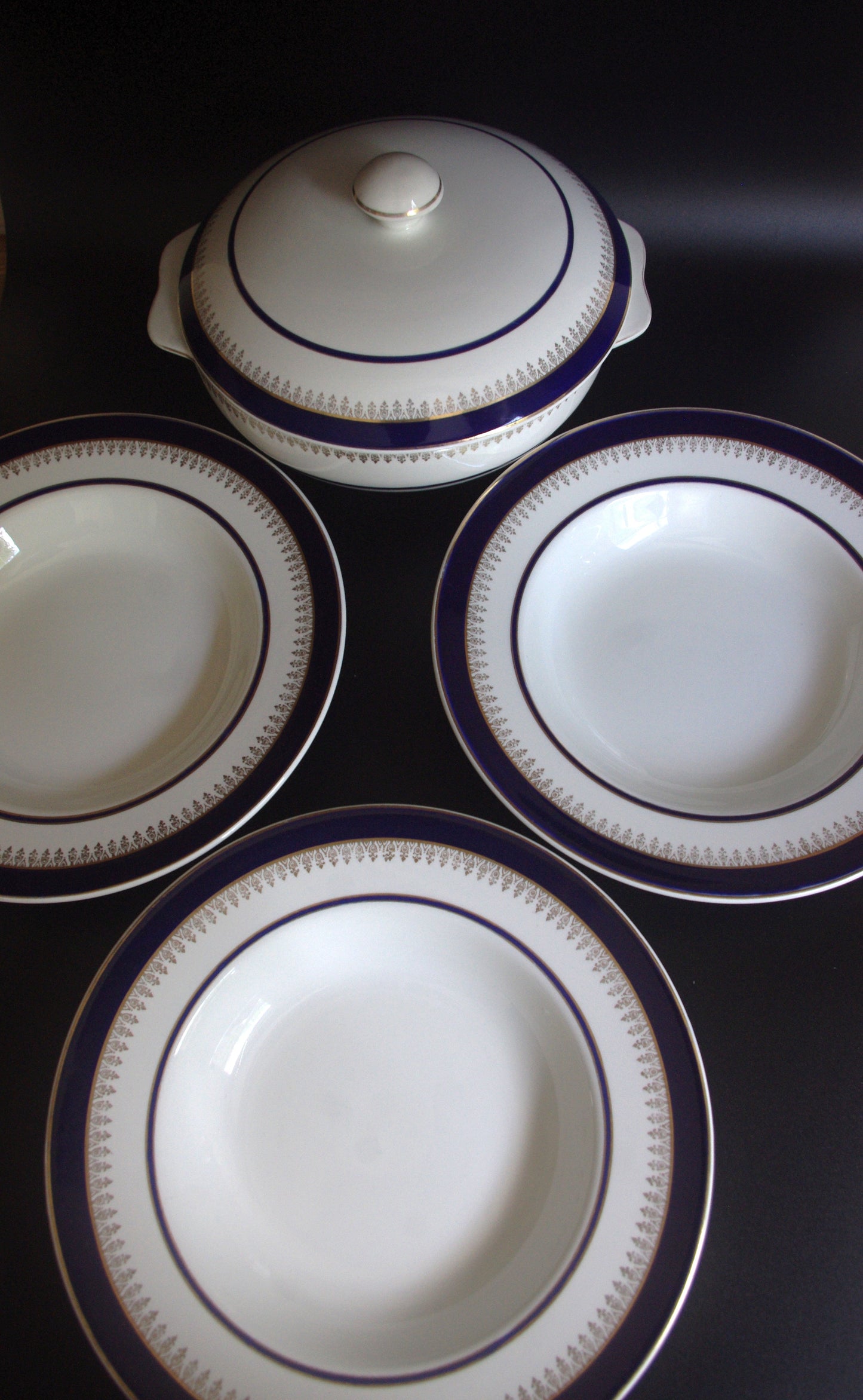 Wedgwood & Co. Ltd. Cobalt & Gold | 1960s Porcelain Tureen & Soup Bowls (Pattern 547269)