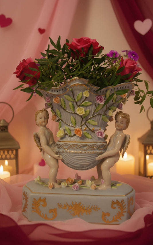 Capodimonte-style cherub vase with raised pastel florals and duck-egg blue glaze, filled with red roses and candlelight in a romantic Valentineβs Day setting.