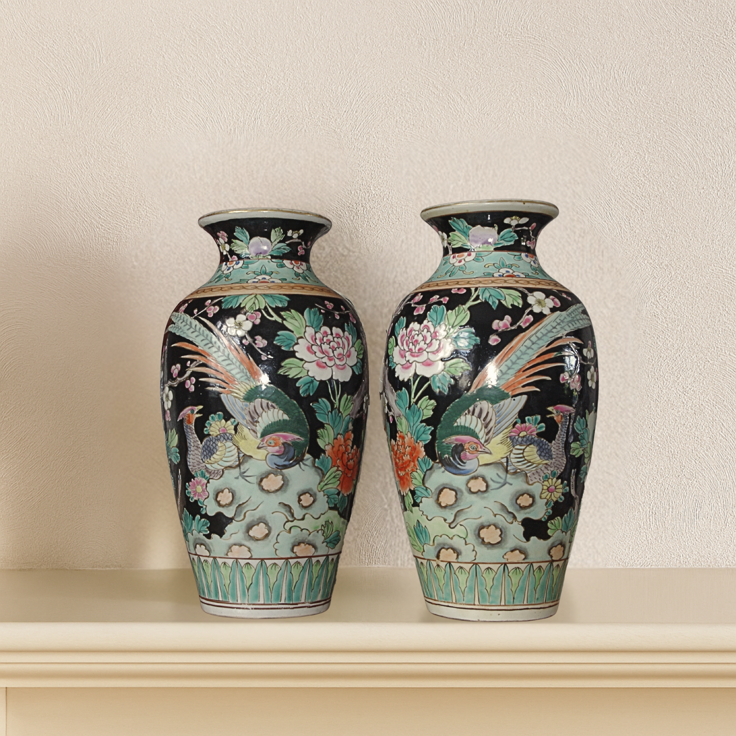 Pair of Mid-Century Japanese Kutani Enamel Vases – Black Ground with Peony & Bird Design