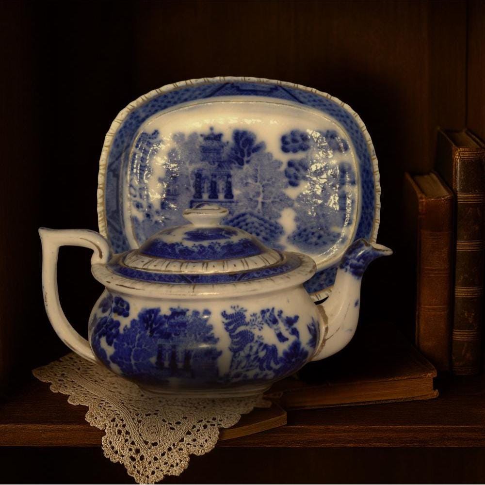 Early 19th Century English Ironstone Teapot — Blue & White Chinoiserie with Rare Underplate (c.1820–1850)