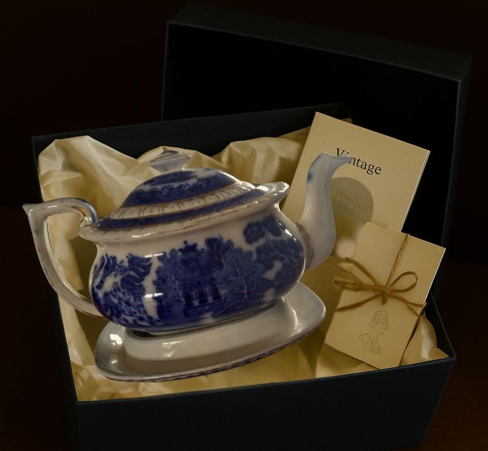 Early 19th Century English Ironstone Teapot — Blue & White Chinoiserie with Rare Underplate (c.1820–1850)