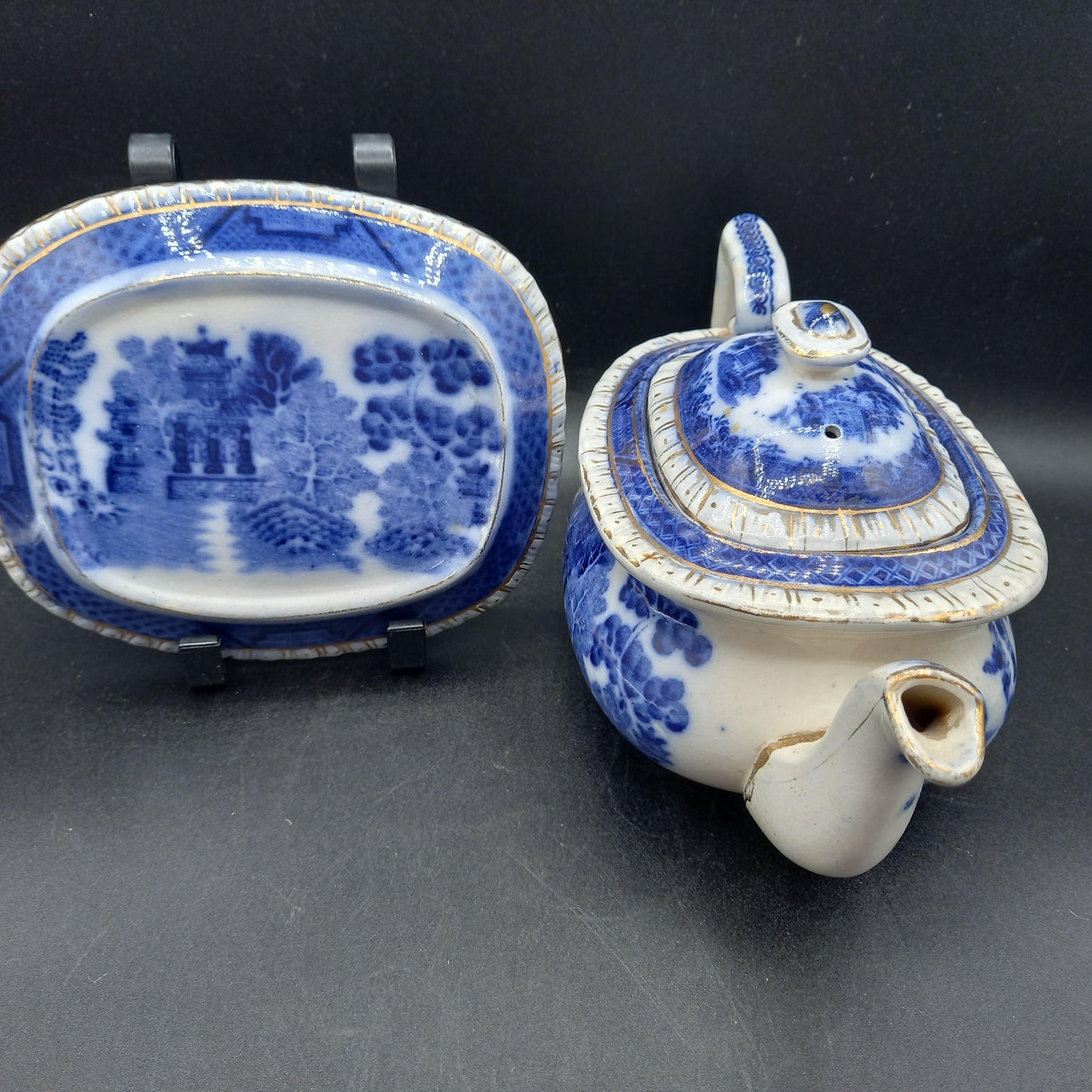 Early 19th Century English Ironstone Teapot — Blue & White Chinoiserie with Rare Underplate (c.1820–1850)