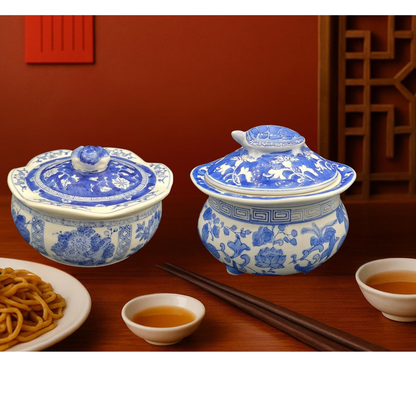 Chinese Chinoiserie Tureens – Frog & Turtle Animal Finials (Indigo Blue Porcelain, Rare Vintage Pair or Singles)