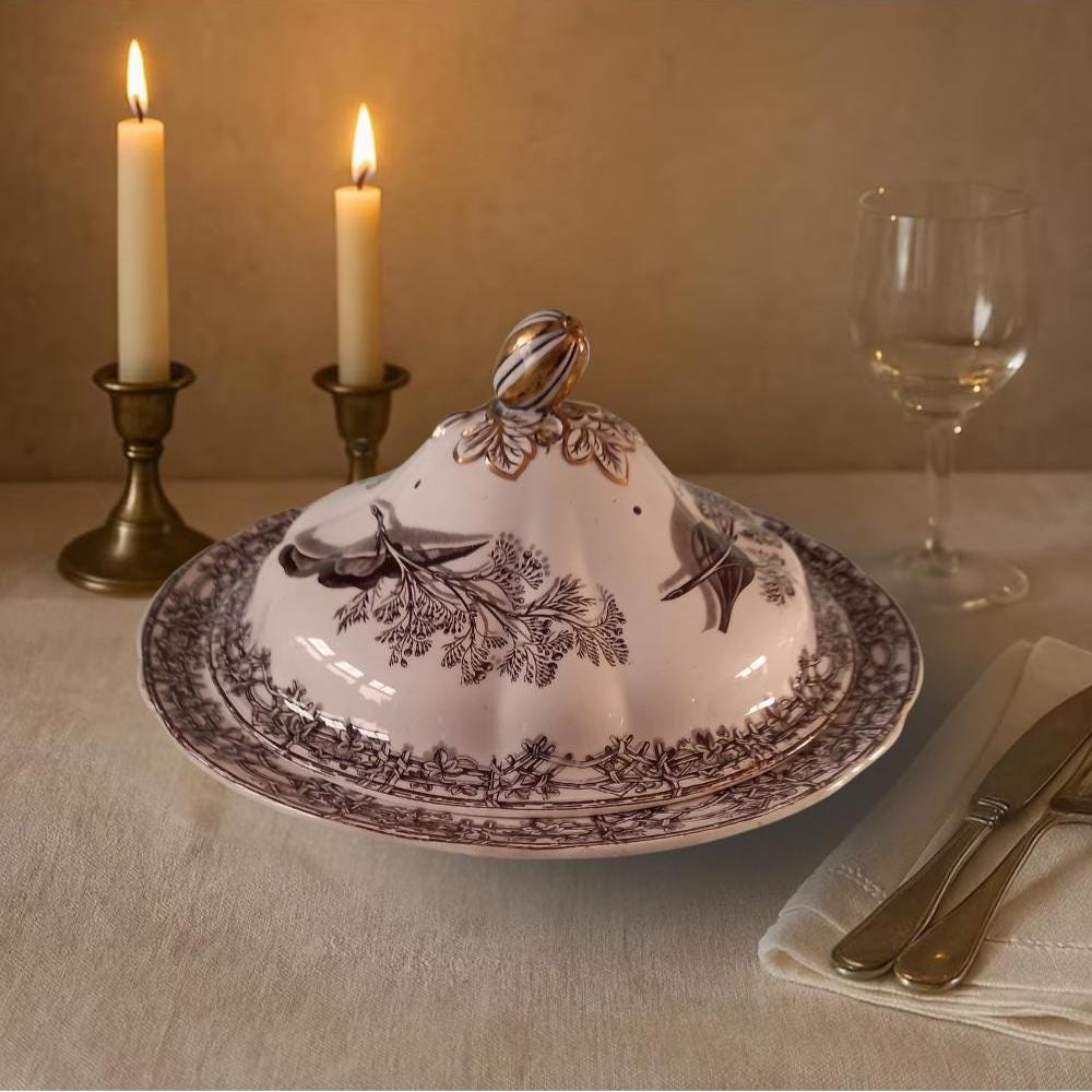 Copeland & Garrett Victorian Tureen — 1844 Registered Brown Transferware with Gilt Finial (Bird & Botanical Design)