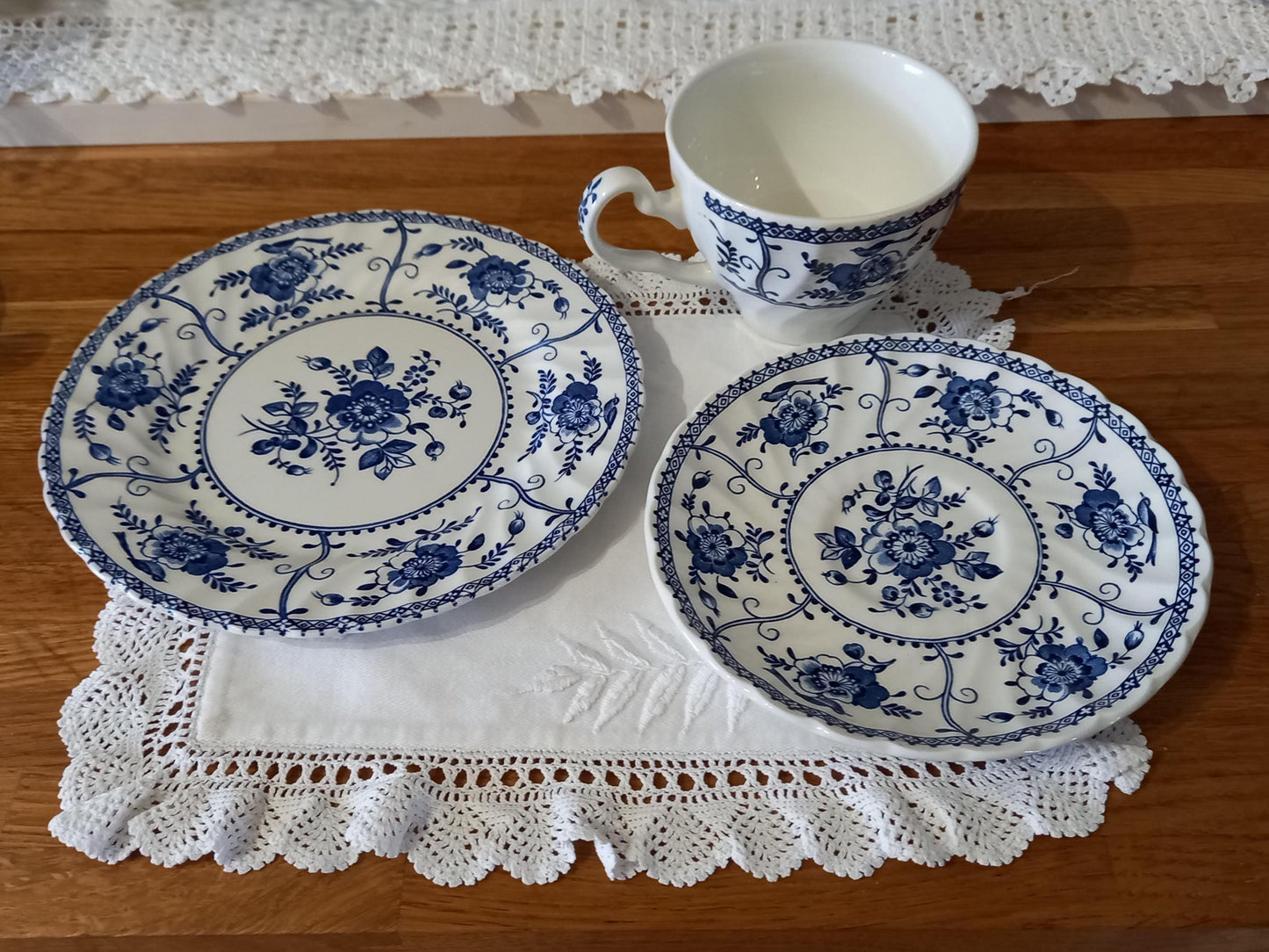 Johnson Bros "Indies" Blue & White Tea Trios — Pair of Vintage English Ironstone Sets (1970s–80s)