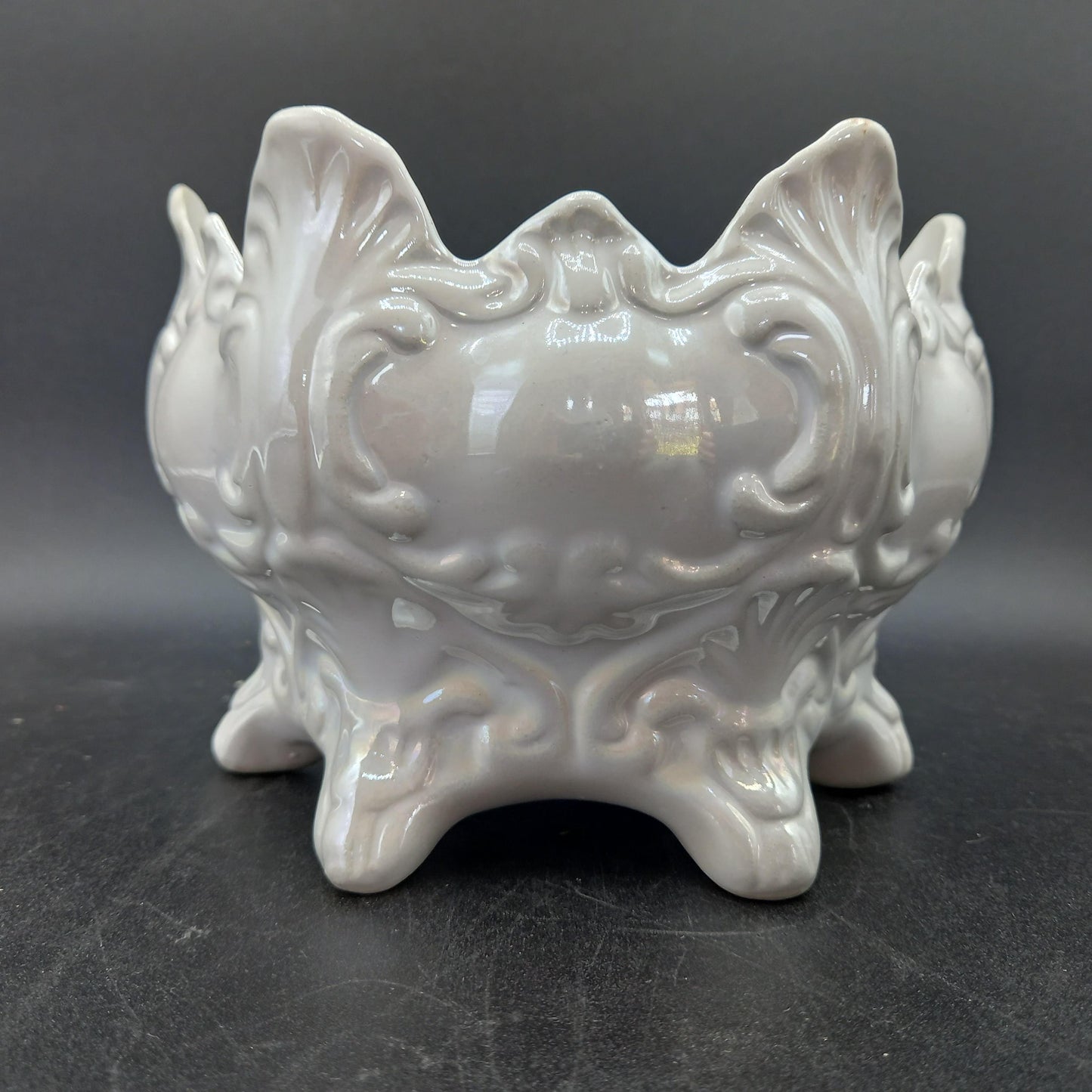 Vintage Pearl Lusterware Planter — Rococo Revival Footed Bowl (Mid-Century, Iridescent Glaze)