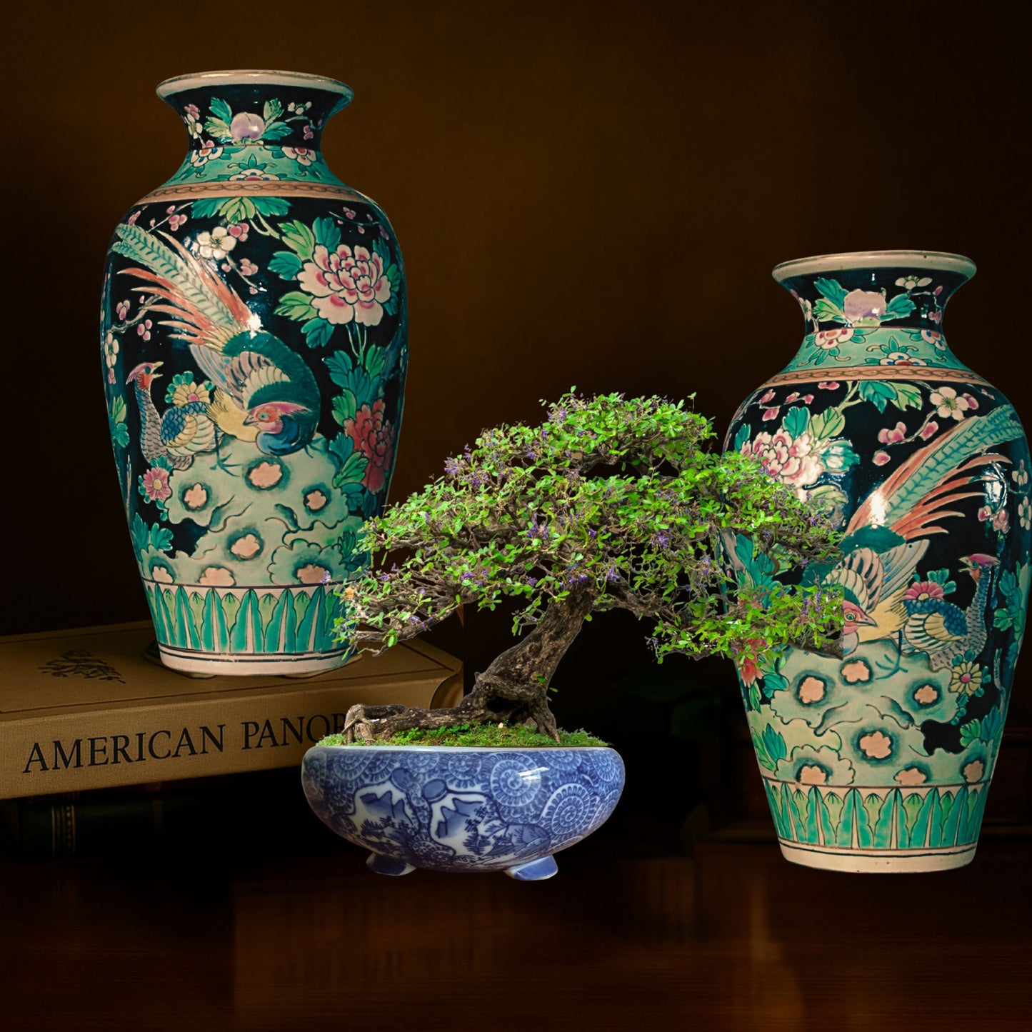 Pair of Mid-Century Japanese Kutani Enamel Vases – Black Ground with Peony & Bird Design