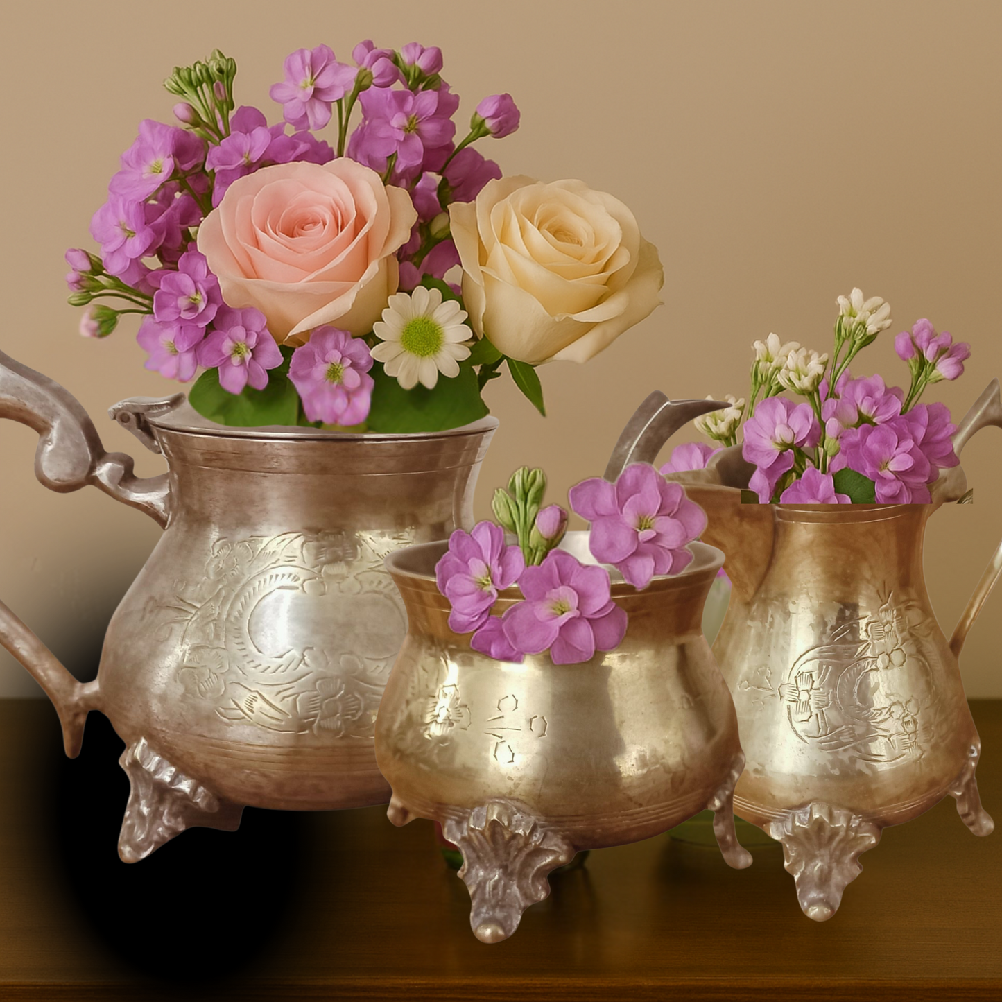Vintage EPNS Silver Teaset Trio Repurposed as Vases | Ornate Footed Teapot, Creamer & Sugar Bowl | Romantic Styling Decor | English Plate