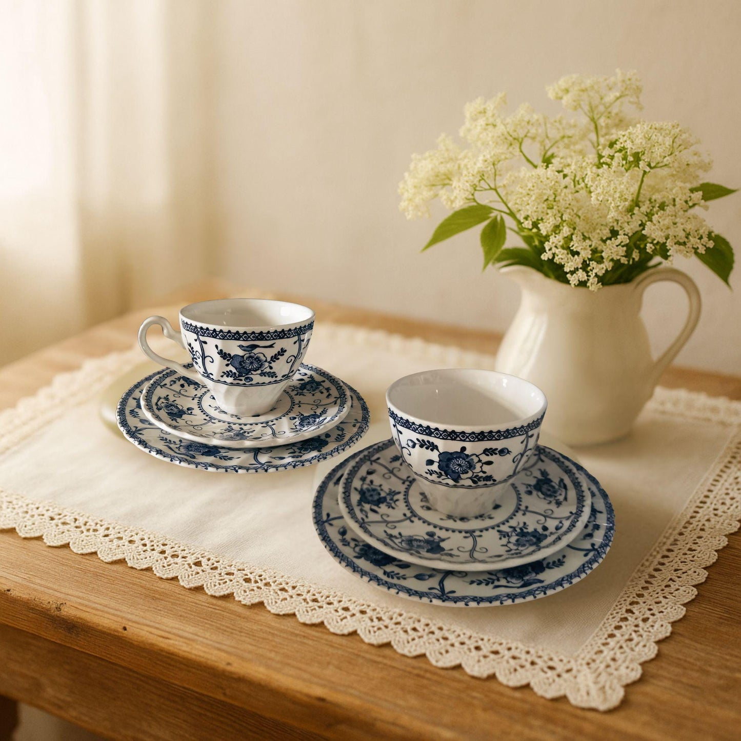 Johnson Bros "Indies" Blue & White Tea Trios — Pair of Vintage English Ironstone Sets (1970s–80s)
