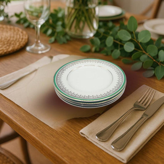 Johnson Bros Waldorf Victorian Green Band Side Plates | Set of 4 | c.1920–1940 | Complimentary Story & Care Card