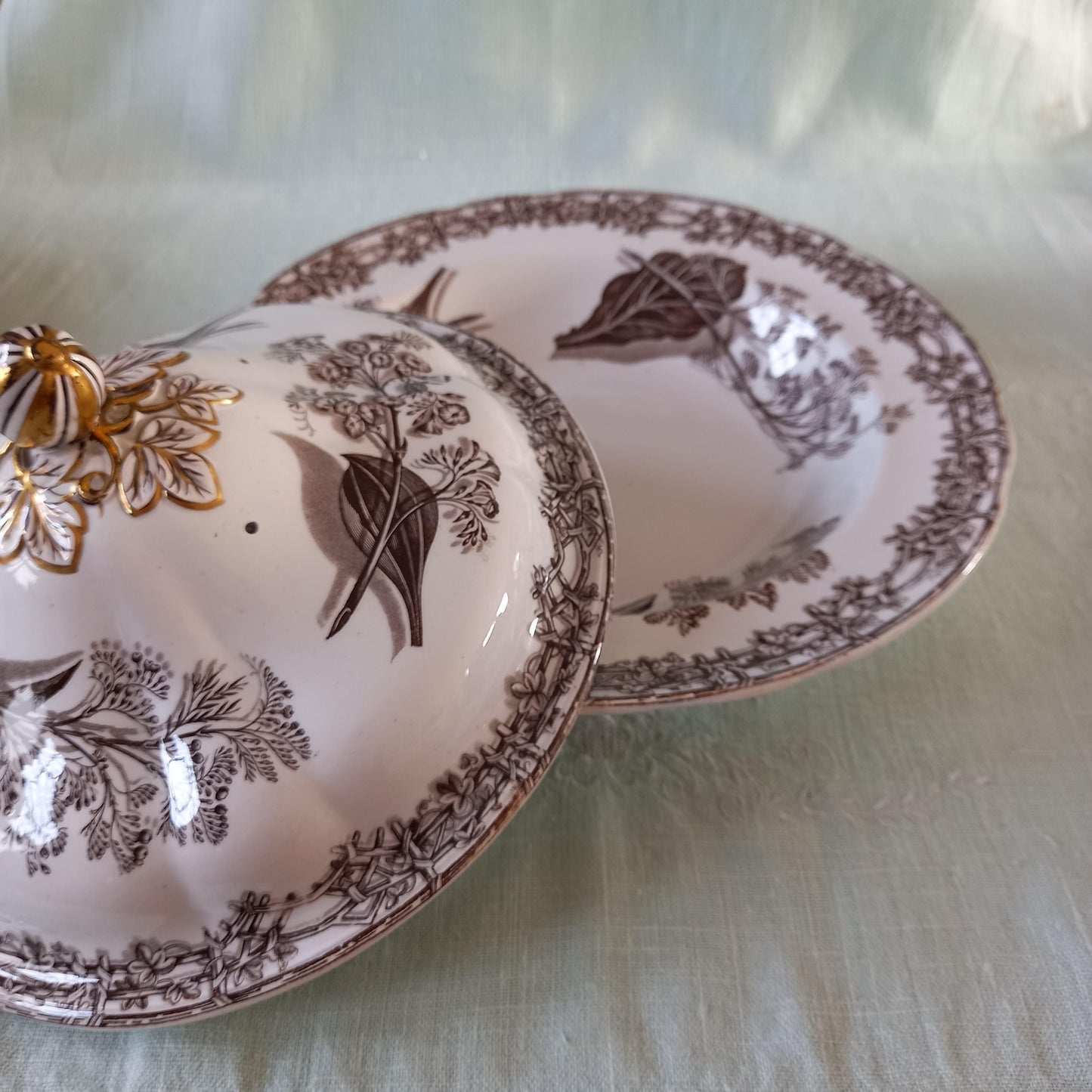 Copeland & Garrett Victorian Tureen — 1844 Registered Brown Transferware with Gilt Finial (Bird & Botanical Design)