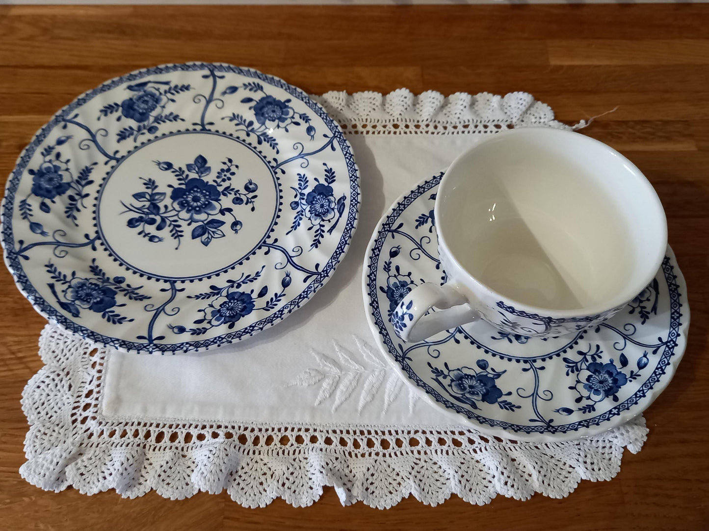Johnson Bros "Indies" Blue & White Tea Trios — Pair of Vintage English Ironstone Sets (1970s–80s)