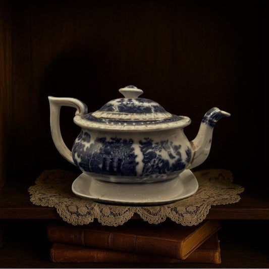Early 19th Century English Ironstone Teapot — Blue & White Chinoiserie with Rare Underplate (c.1820–1850)