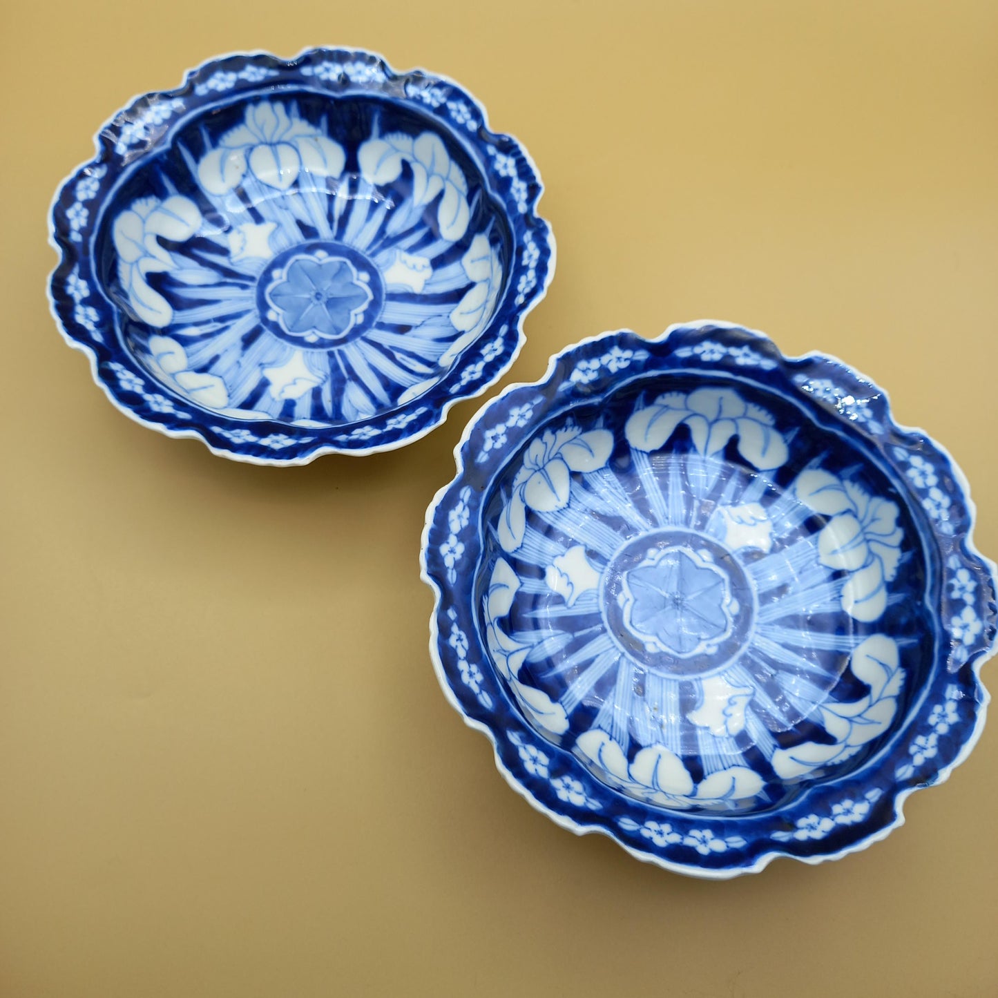 Pair of Japanese Nabeshima-Style Porcelain Bowls | Blue & White Iris Motif | Scalloped Edge | Mid-Century Arita Export | Free Postage