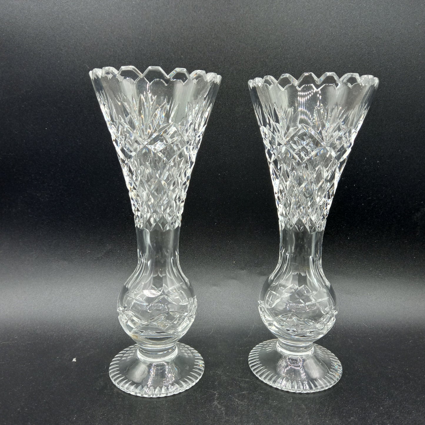Vintage Crystal Bud Vases | Trellis Cut Lead Crystal Pair | Elegant Pedestal Vases