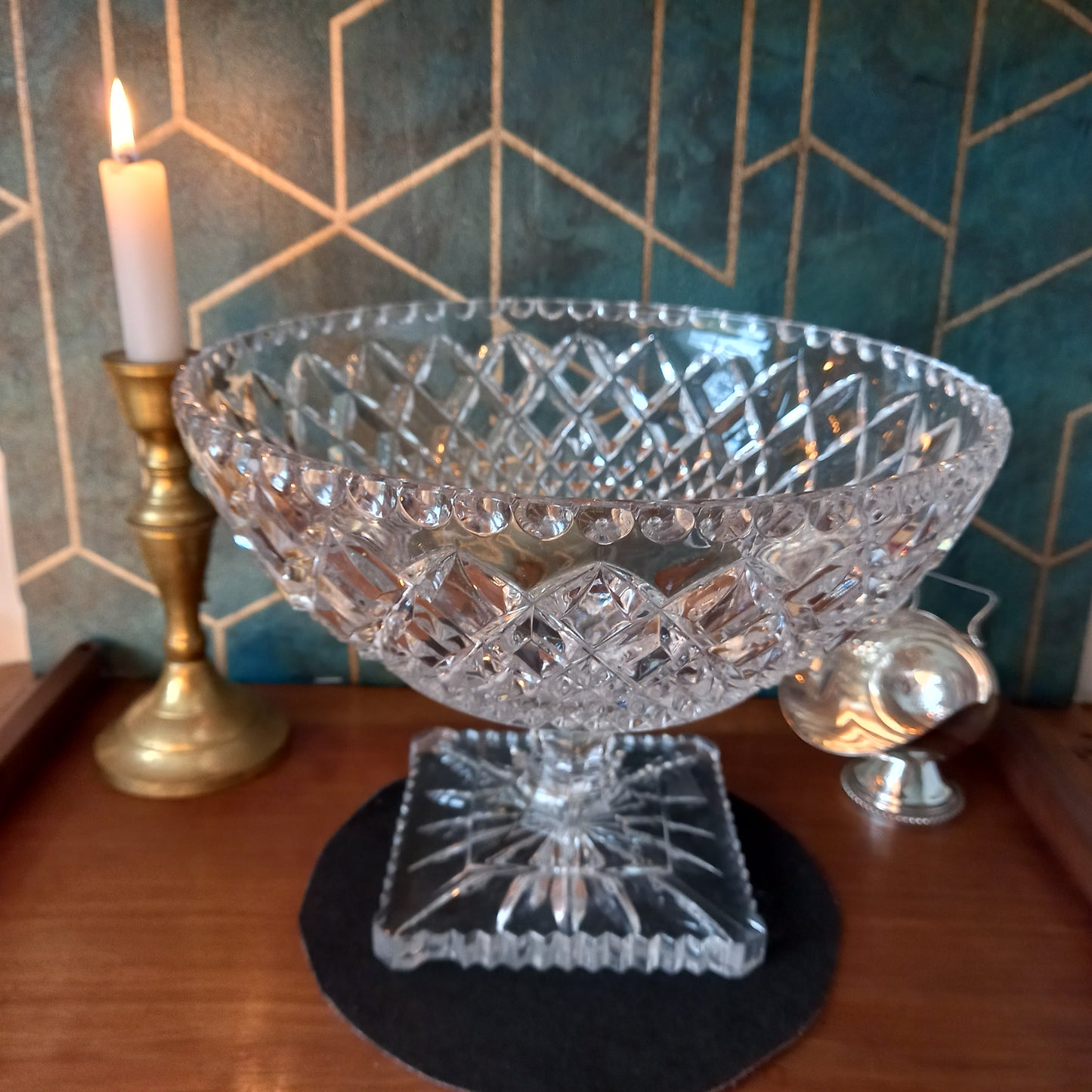 Vintage Cut Crystal Pedestal Trifle Bowl – Art Deco Diamond Design | Candlelit Elegance