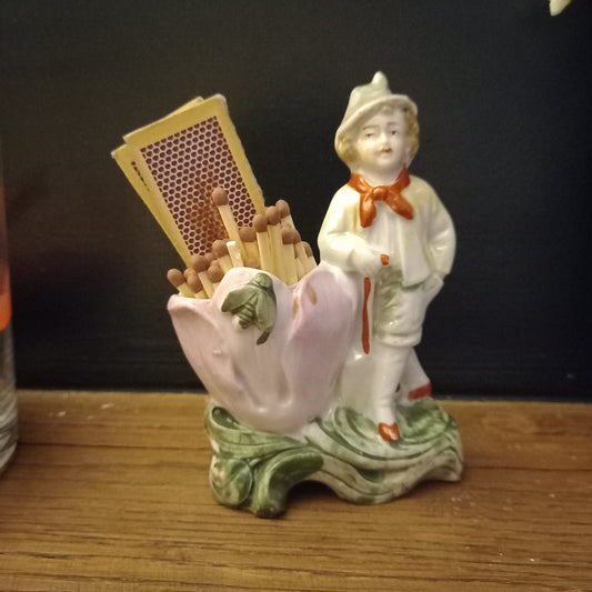 Antique German Porcelain Spill Vases – Figural Match Holders (Pair) – Romantic Fireplace Decor c.1900