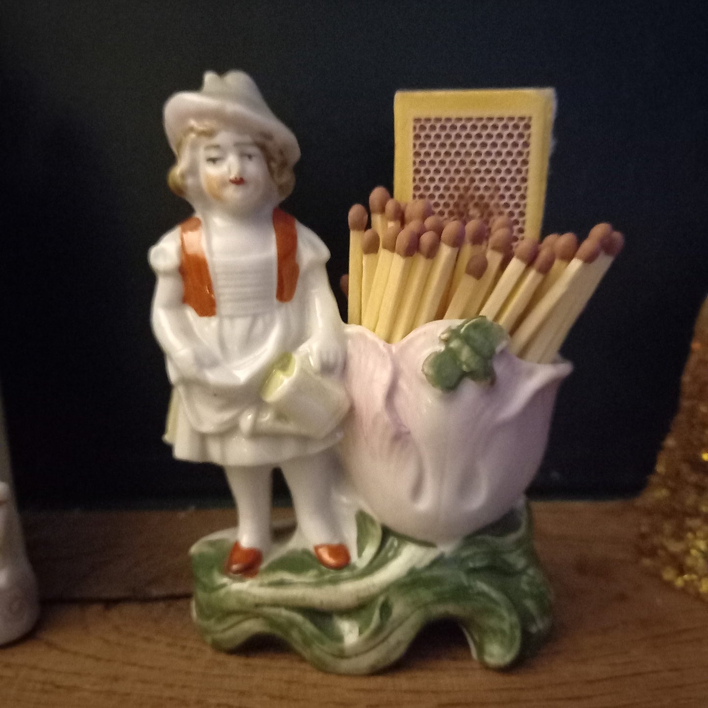 Antique German Porcelain Spill Vases – Figural Match Holders (Pair) – Romantic Fireplace Decor c.1900