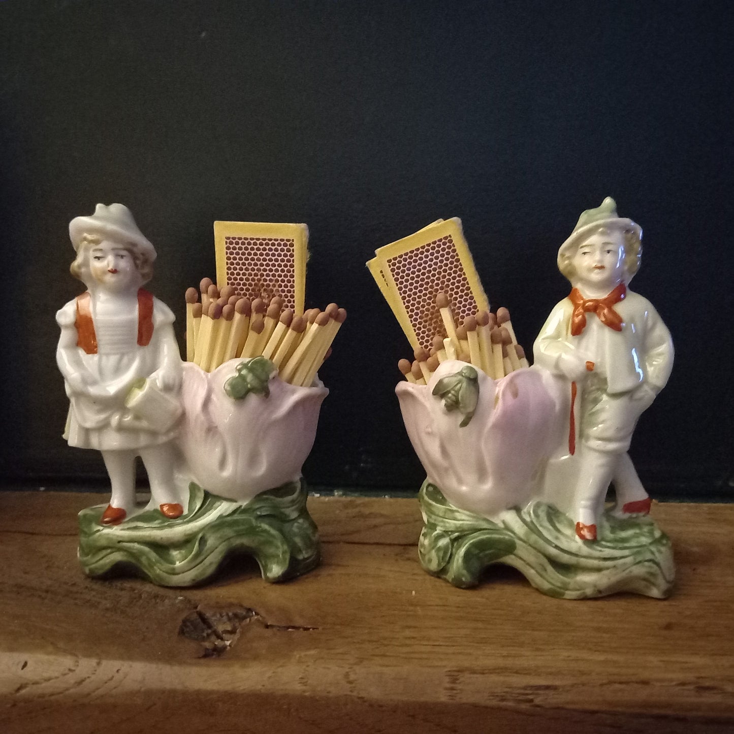Antique German Porcelain Spill Vases – Figural Match Holders (Pair) – Romantic Fireplace Decor c.1900
