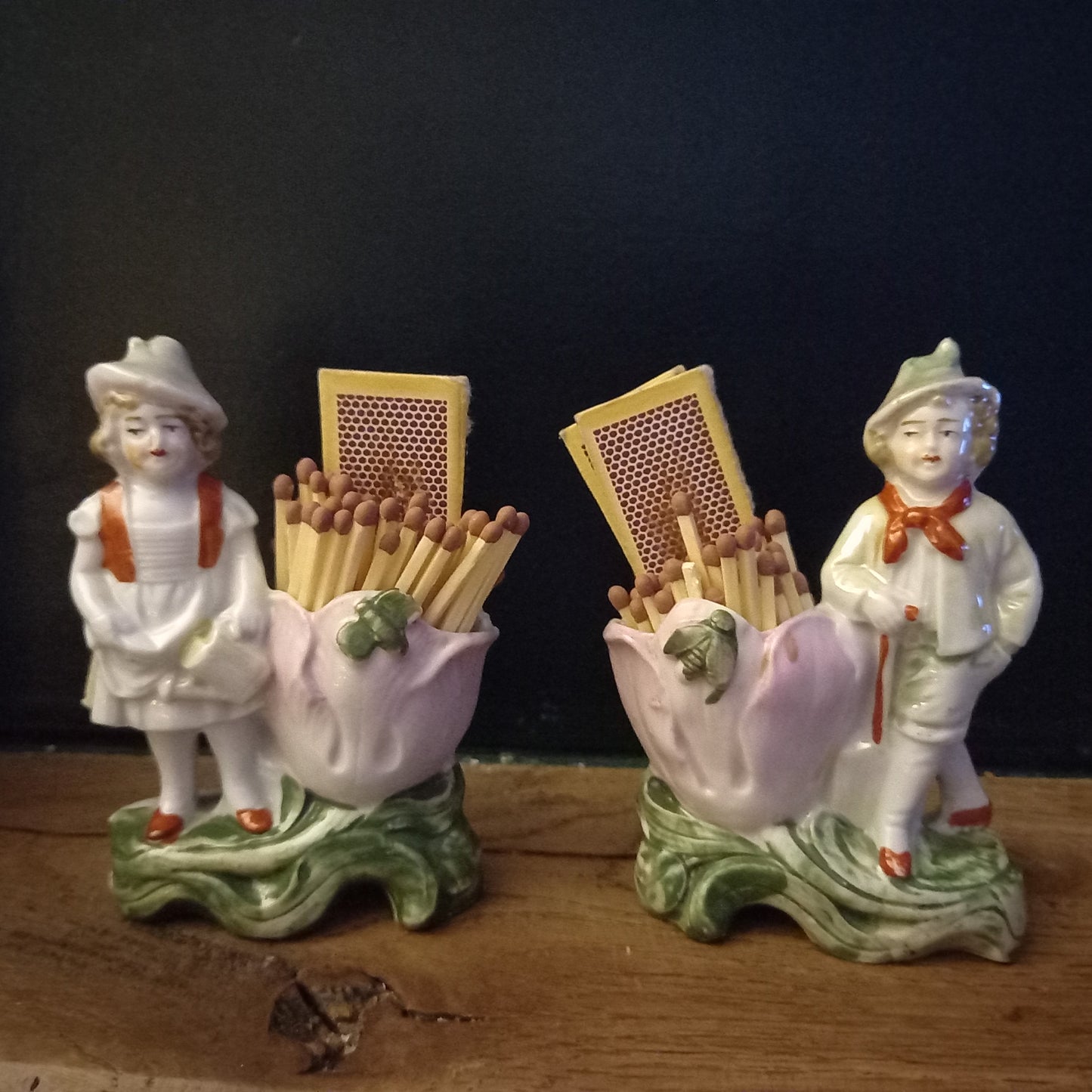 Antique German Porcelain Spill Vases – Figural Match Holders (Pair) – Romantic Fireplace Decor c.1900