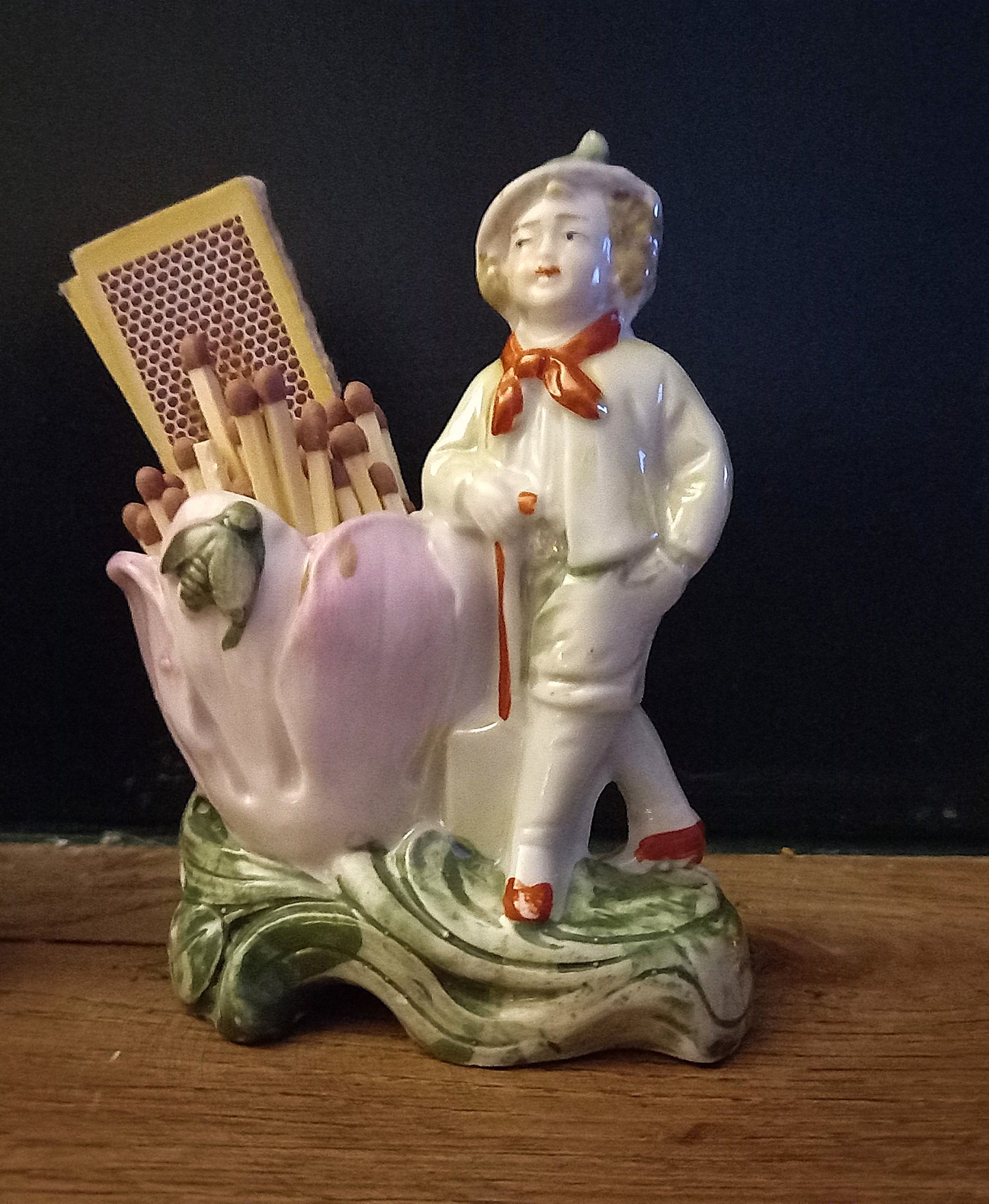 Antique German Porcelain Spill Vases – Figural Match Holders (Pair) – Romantic Fireplace Decor c.1900