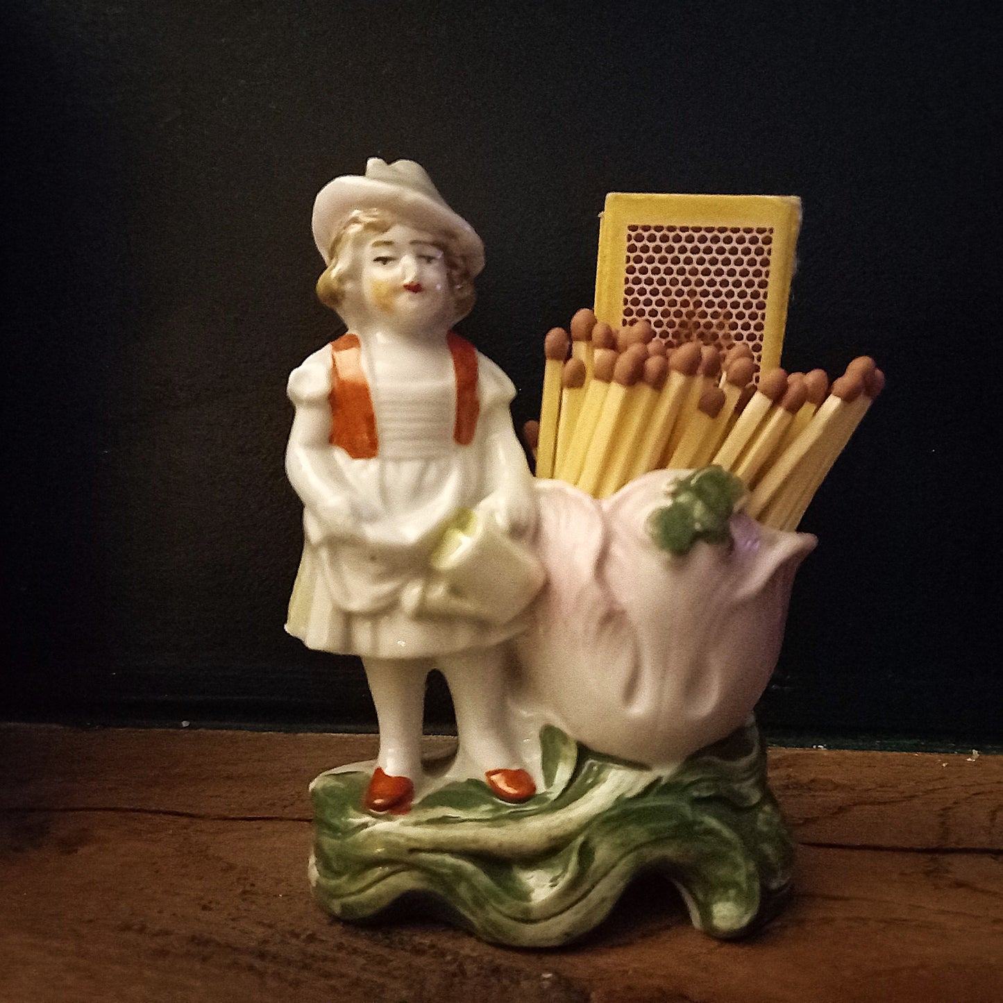 Antique German Porcelain Spill Vases – Figural Match Holders (Pair) – Romantic Fireplace Decor c.1900