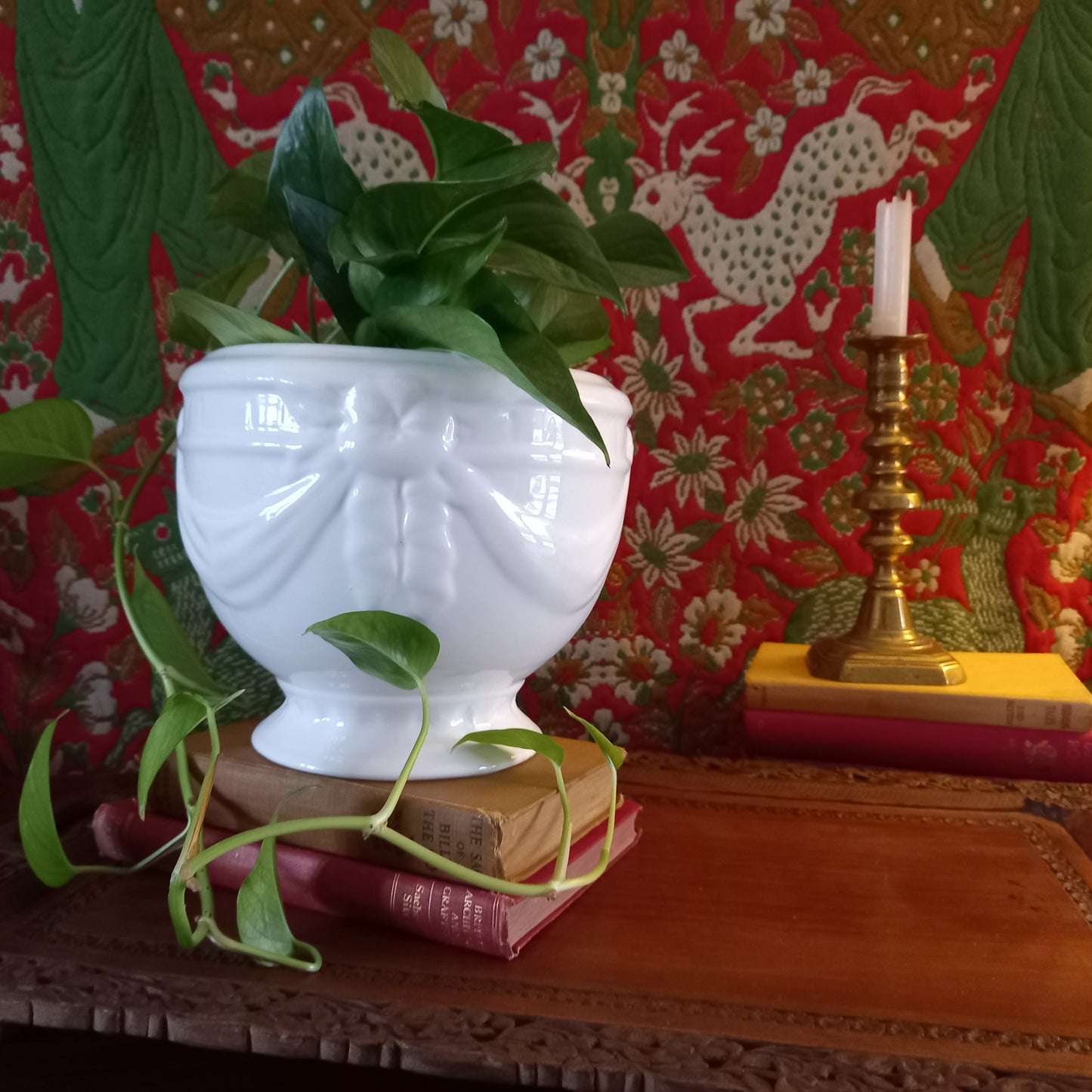 Vintage White Earthenware Pedestal Planter