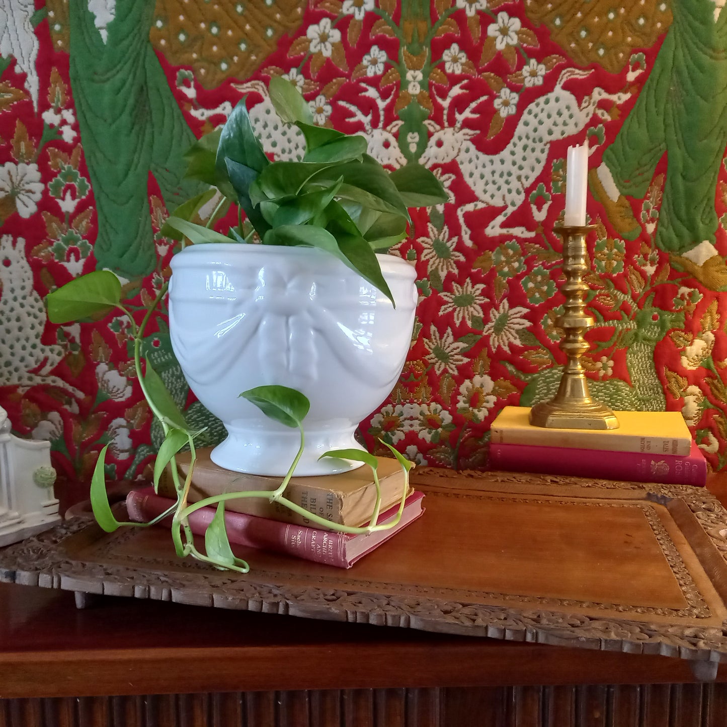 Vintage White Earthenware Pedestal Planter