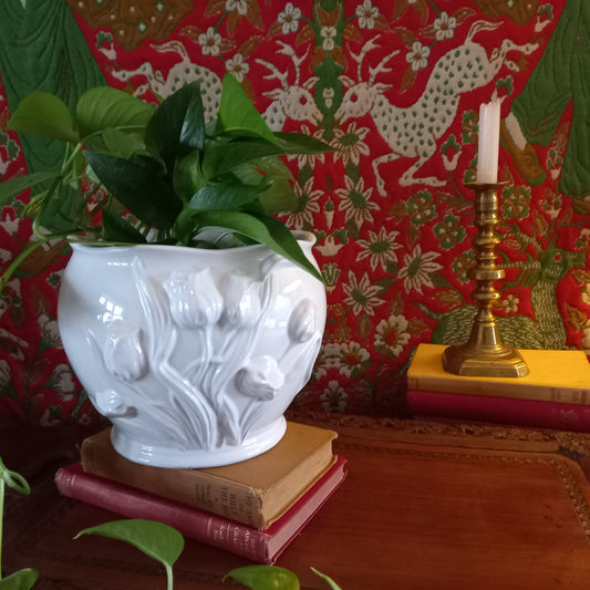 Antique Franz Anton Mehlem White Floral Planter Early 20th Century German Earthenware