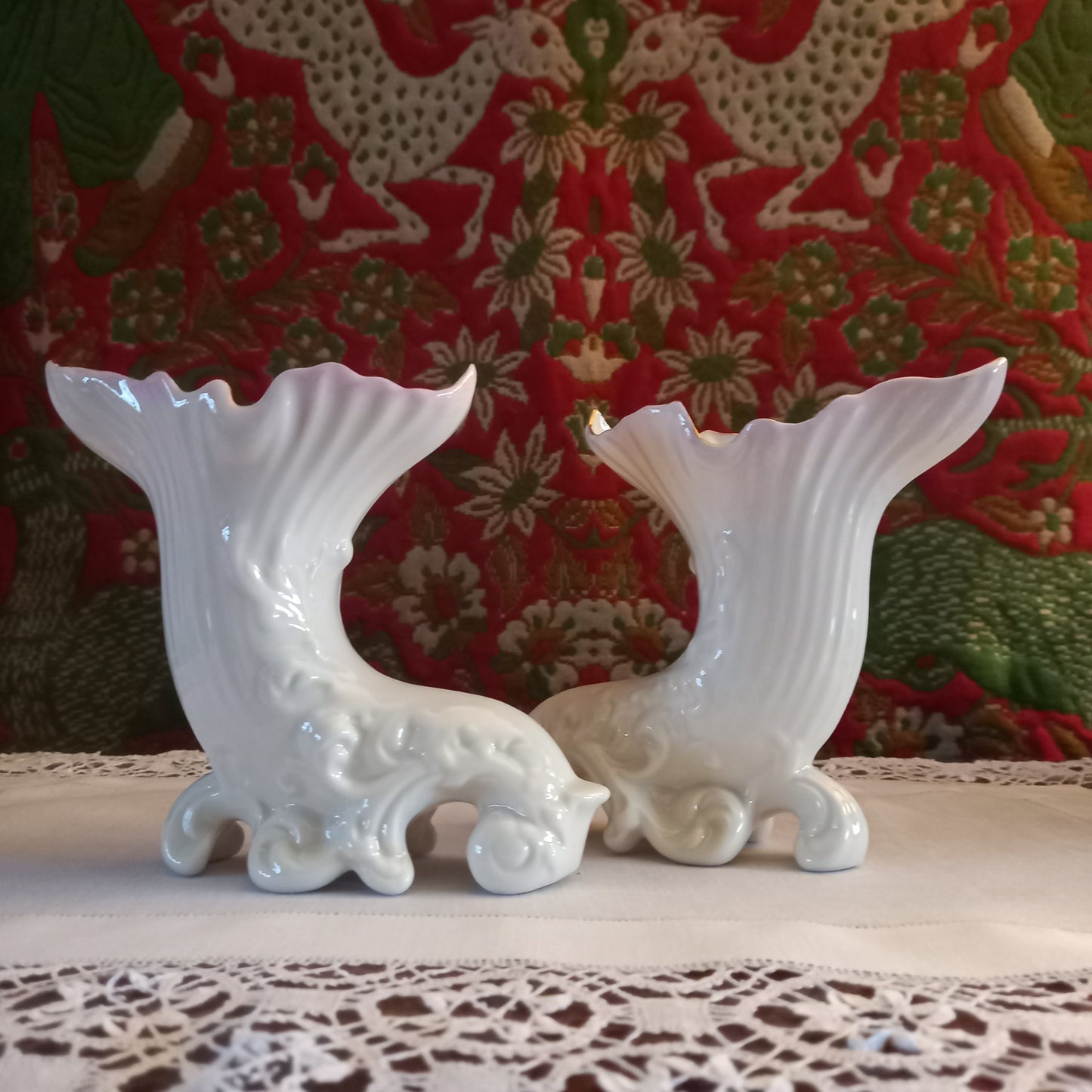 Pair of Belleek Parian Spill Vases with Blush Rims Mid-20th Century Irish Porcelain Mantel Garniture