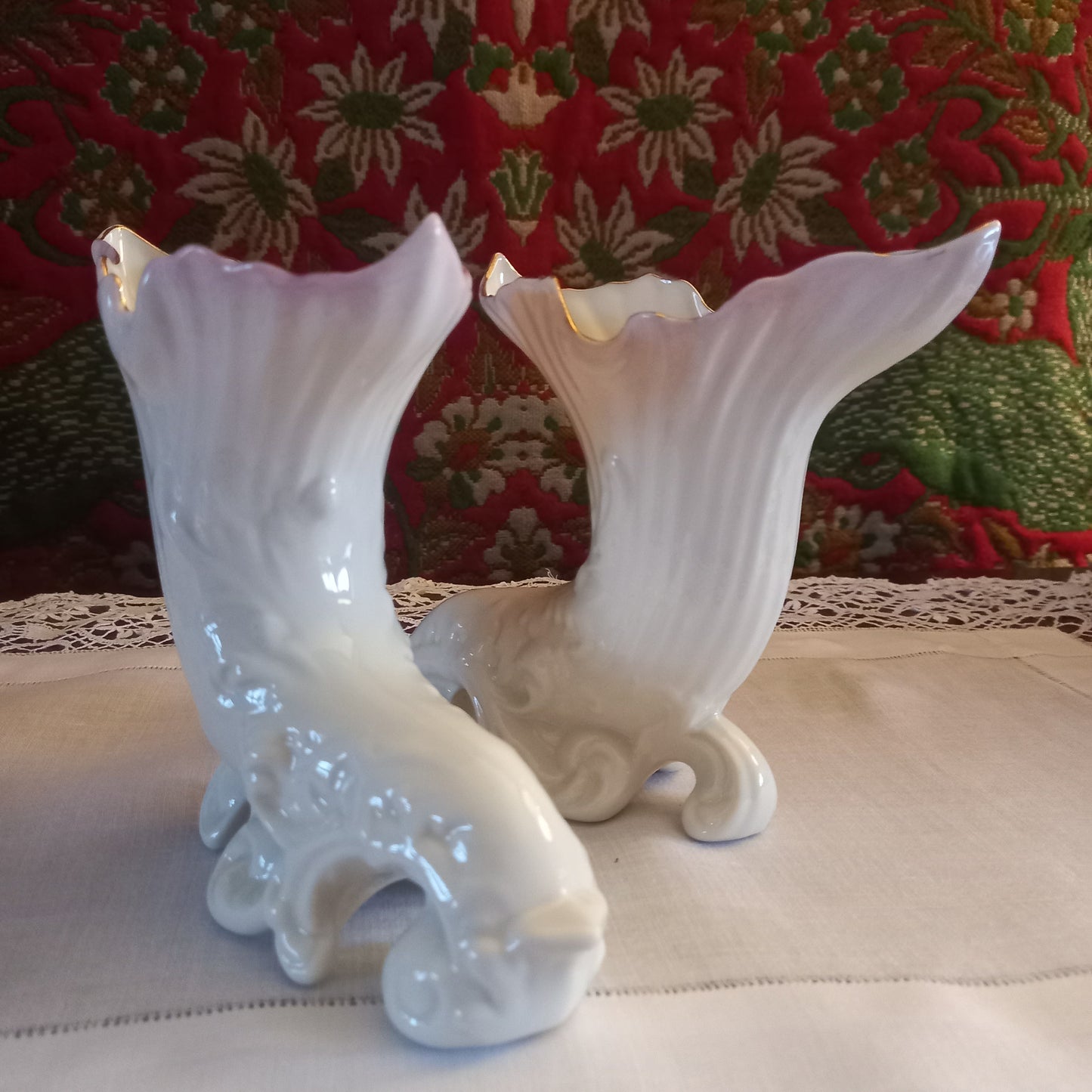 Pair of Belleek Parian Spill Vases with Blush Rims Mid-20th Century Irish Porcelain Mantel Garniture