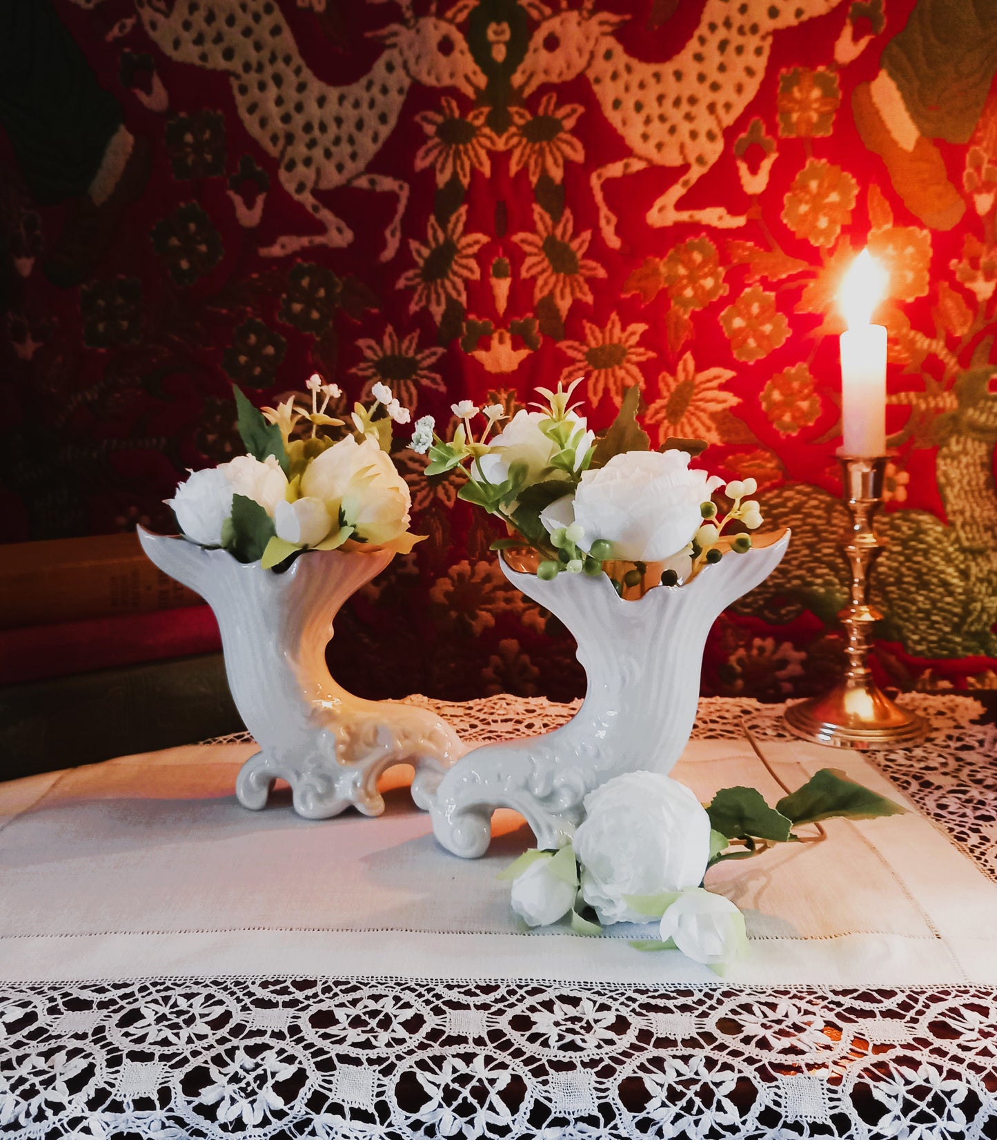 Pair of Belleek Parian Spill Vases with Blush Rims Mid-20th Century Irish Porcelain Mantel Garniture
