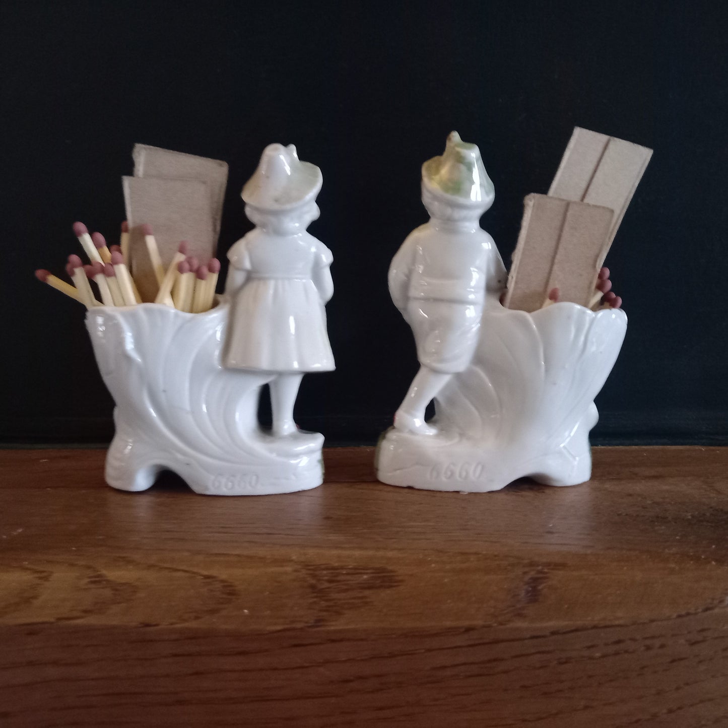 Antique German Porcelain Spill Vases – Figural Match Holders (Pair) – Romantic Fireplace Decor c.1900