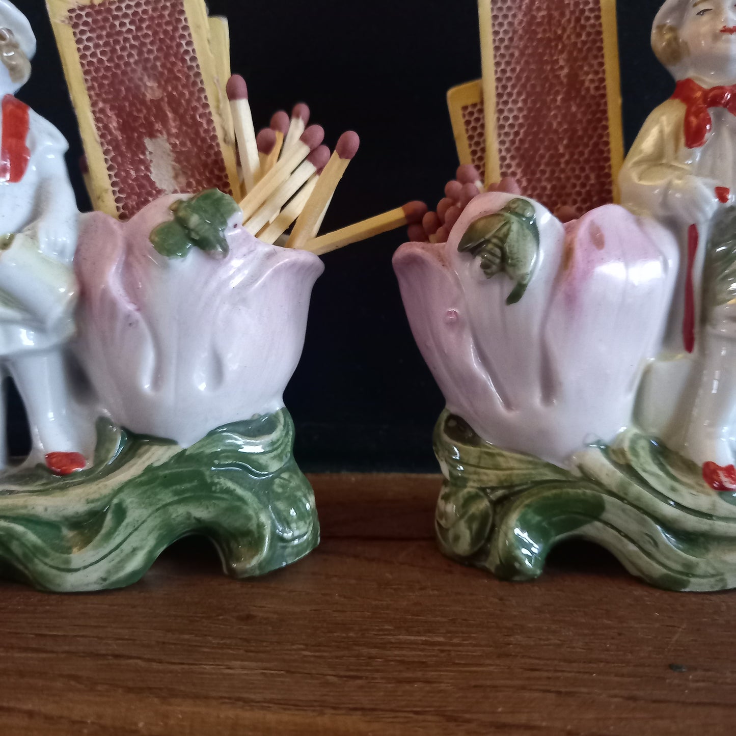 Antique German Porcelain Spill Vases – Figural Match Holders (Pair) – Romantic Fireplace Decor c.1900
