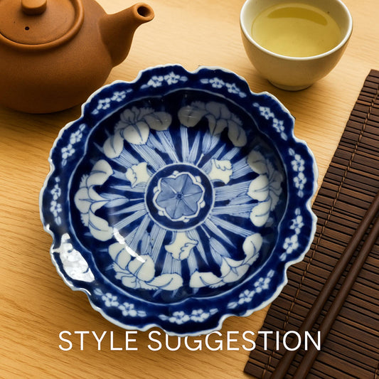 Pair of Japanese Nabeshima-Style Porcelain Bowls | Blue & White Iris Motif | Scalloped Edge | Mid-Century Arita Export | Free Postage