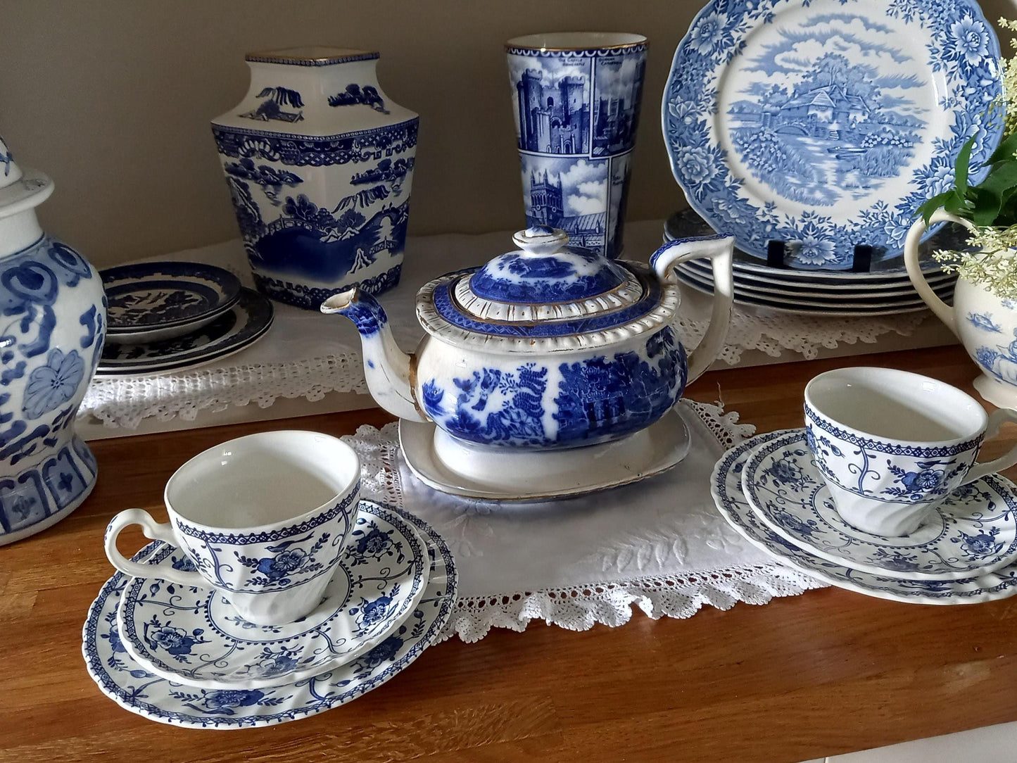 Johnson Bros "Indies" Blue & White Tea Trios — Pair of Vintage English Ironstone Sets (1970s–80s)
