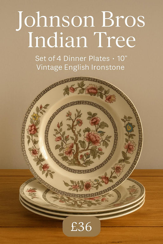 Johnson Bros Indian Tree Dinner Plates — Set of 4 Vintage English Ironstone (10” Standard Rim)