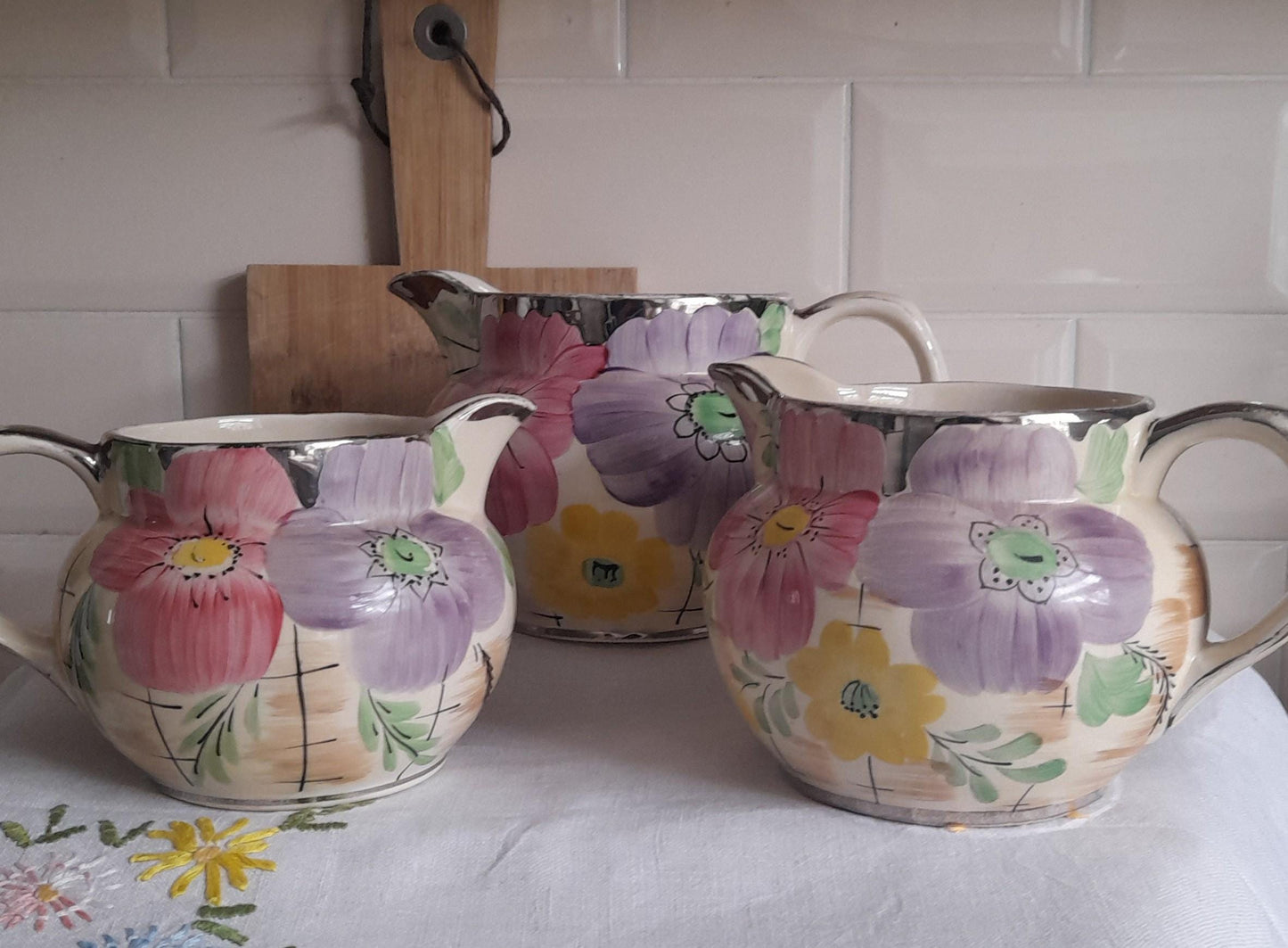 Rare 1930s Arthur Wood Floral Jug Trio | Hand-Painted Art Deco Jugs | Collectible English Pottery | Complimentary Story & Care Card