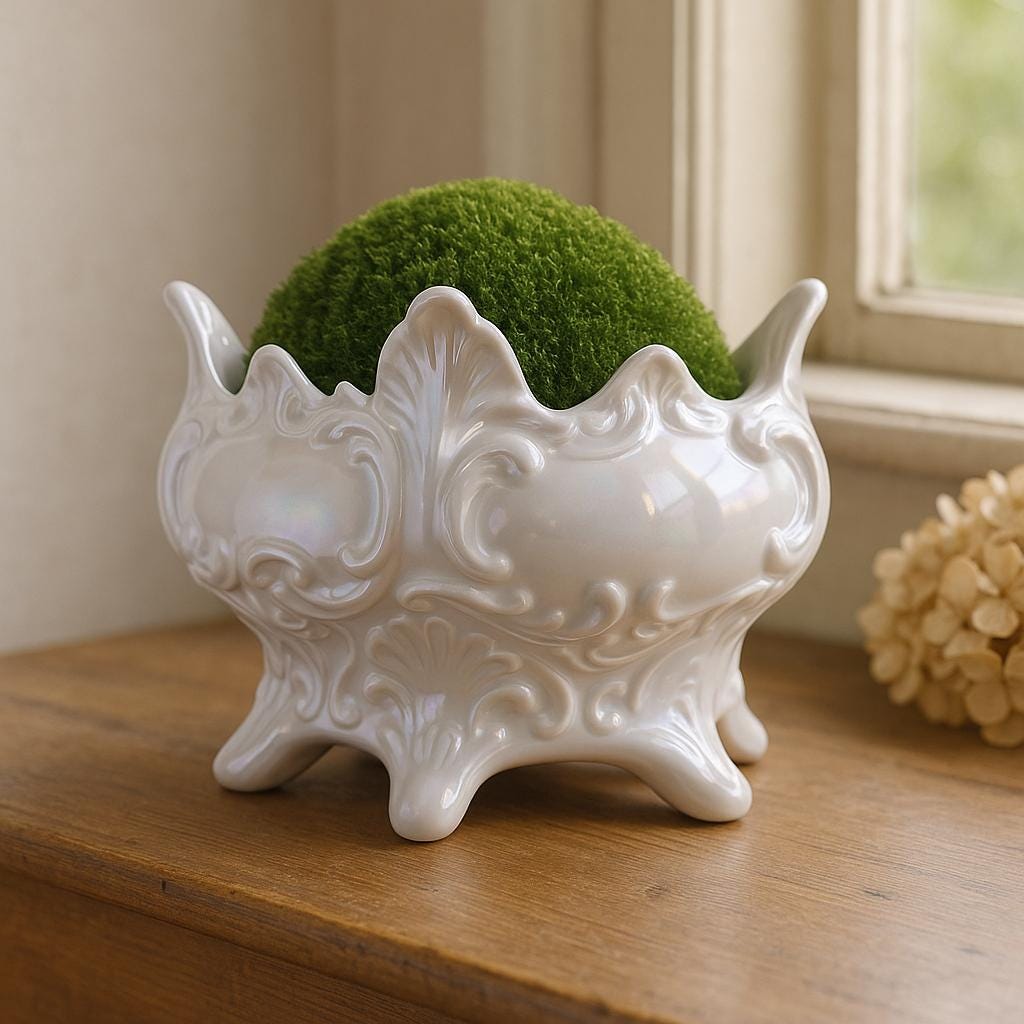 Vintage Pearl Lusterware Planter — Rococo Revival Footed Bowl (Mid-Century, Iridescent Glaze)