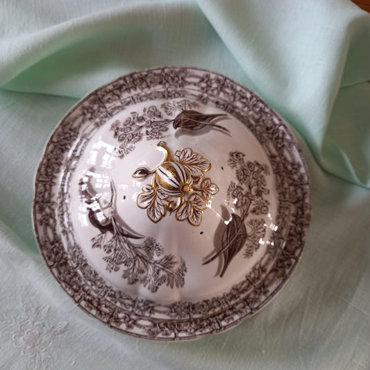 Copeland & Garrett Victorian Tureen — 1844 Registered Brown Transferware with Gilt Finial (Bird & Botanical Design)