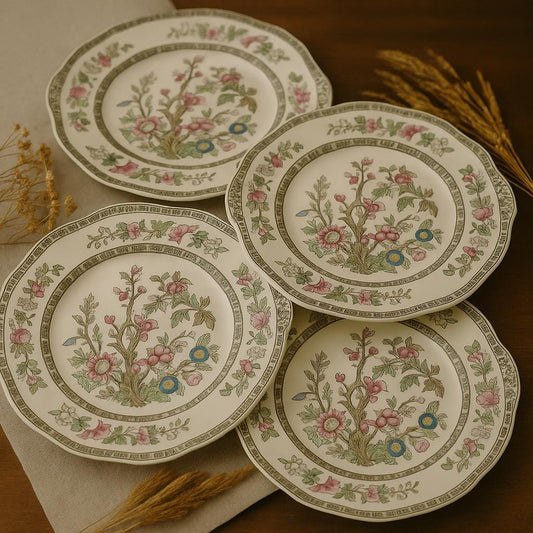 Johnson Bros Indian Tree Lobed Dinner Plates — Set of 4 Vintage English Ironstone (10.5” Scalloped Rims)